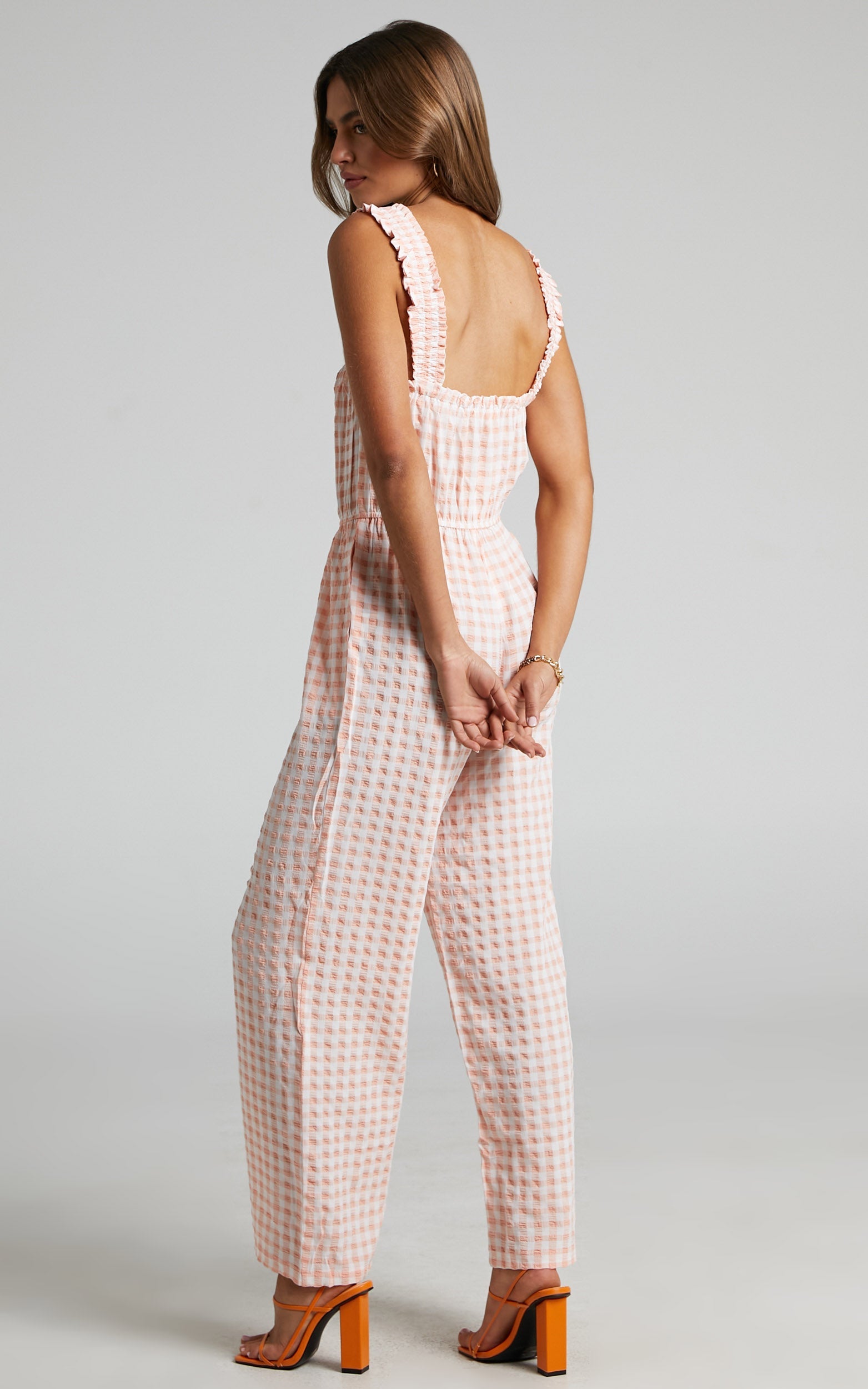 Zilliah Jumpsuit - Elastic Frill Strap Jumpsuit in Peach Gingham