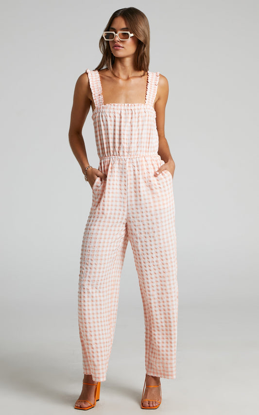 Zilliah Jumpsuit - Elastic Frill Strap Jumpsuit in Peach Gingham