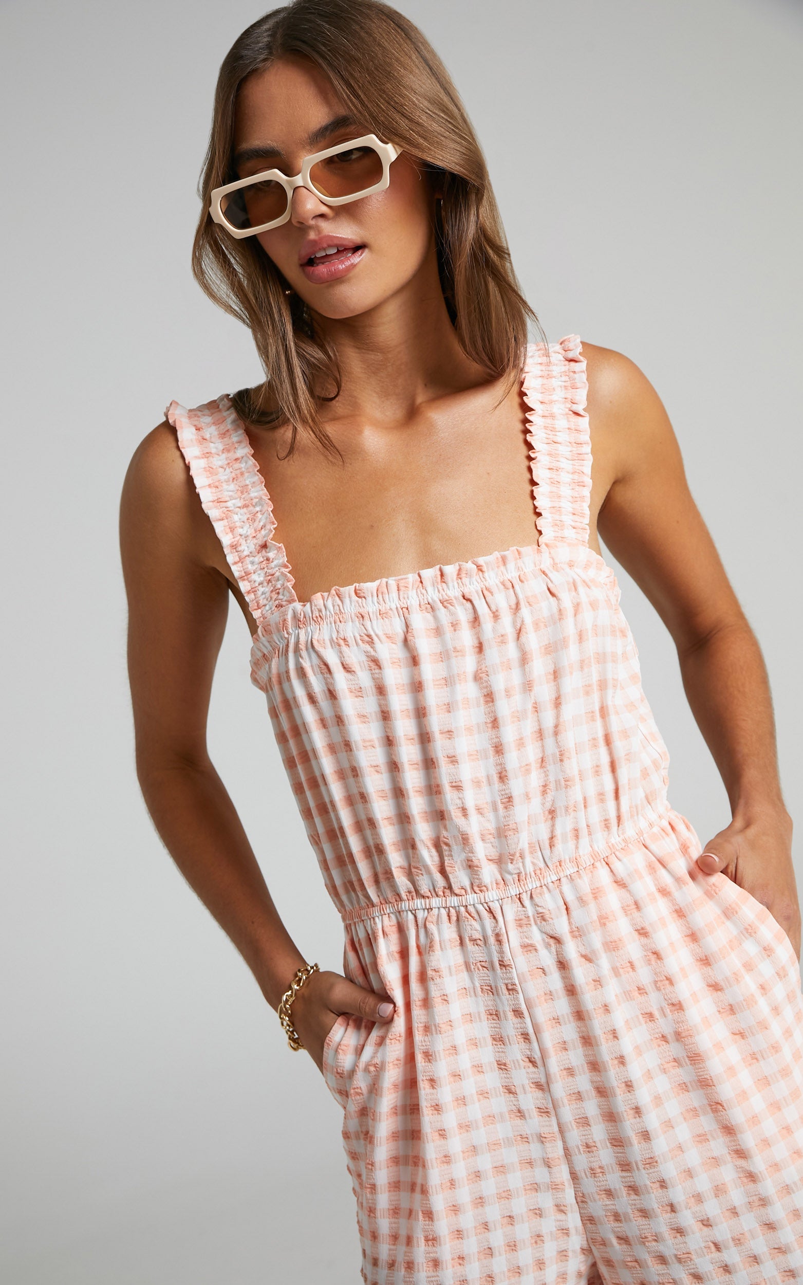 Zilliah Jumpsuit - Elastic Frill Strap Jumpsuit in Peach Gingham