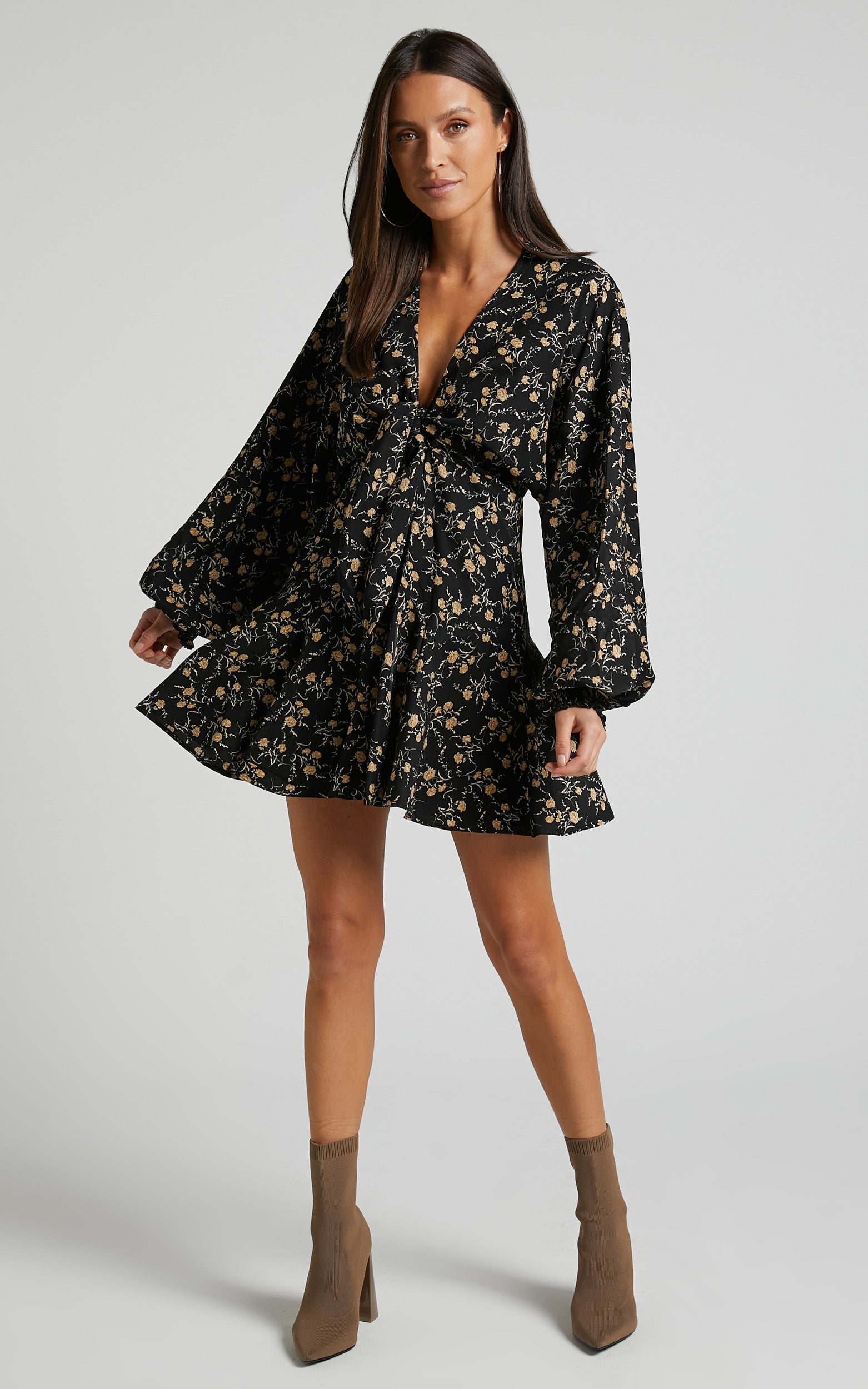 Zillion Mini Dress - Long Sleeve Button Front Dress in Black Floral