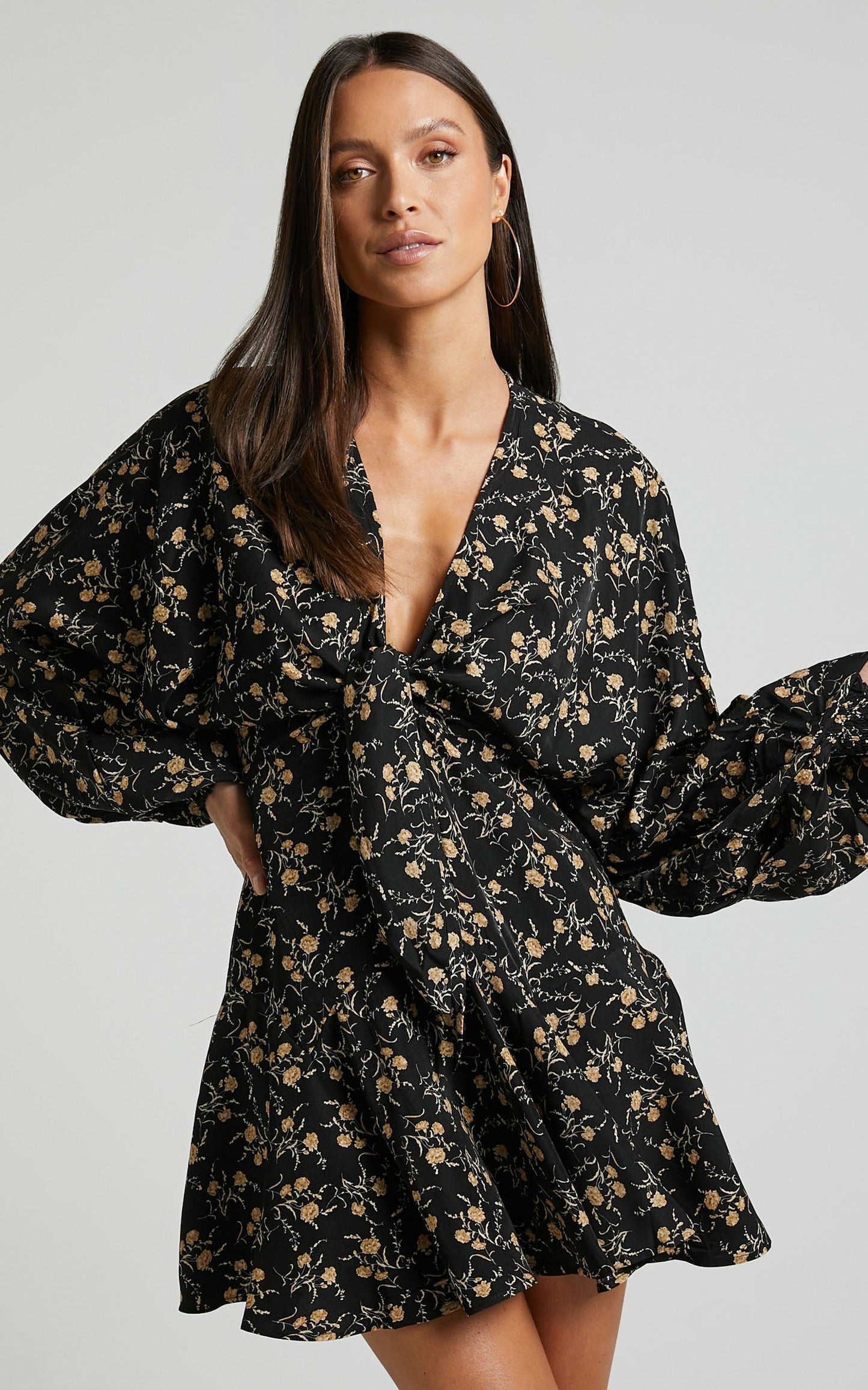Zillion Mini Dress - Long Sleeve Button Front Dress in Black Floral