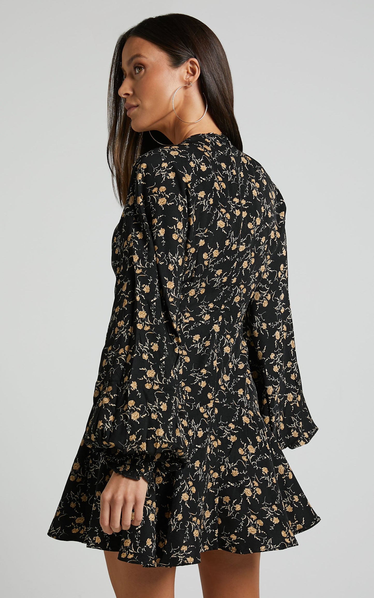 Zillion Mini Dress - Long Sleeve Button Front Dress in Black Floral