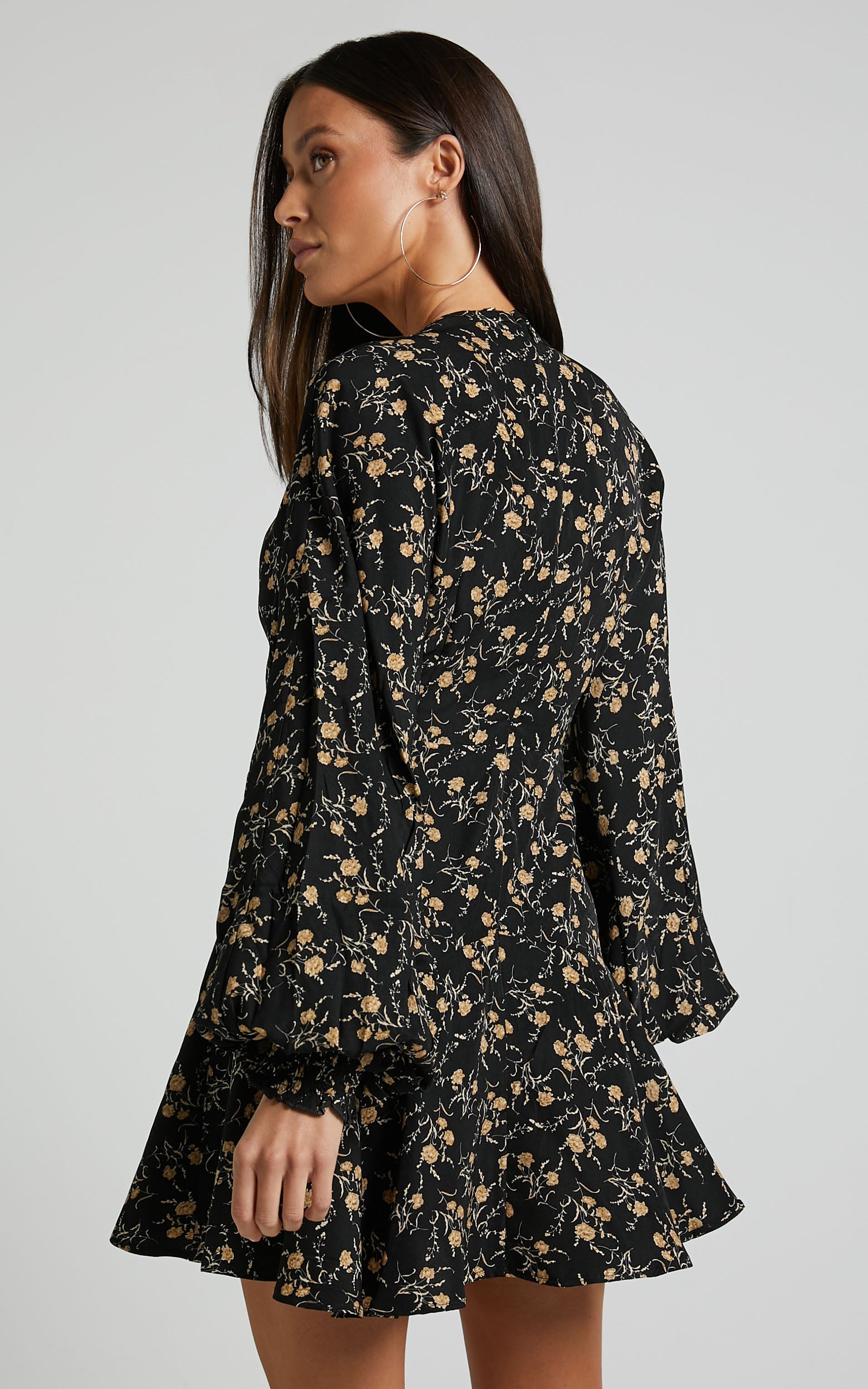 Zillion Mini Dress - Long Sleeve Button Front Dress in Black Floral