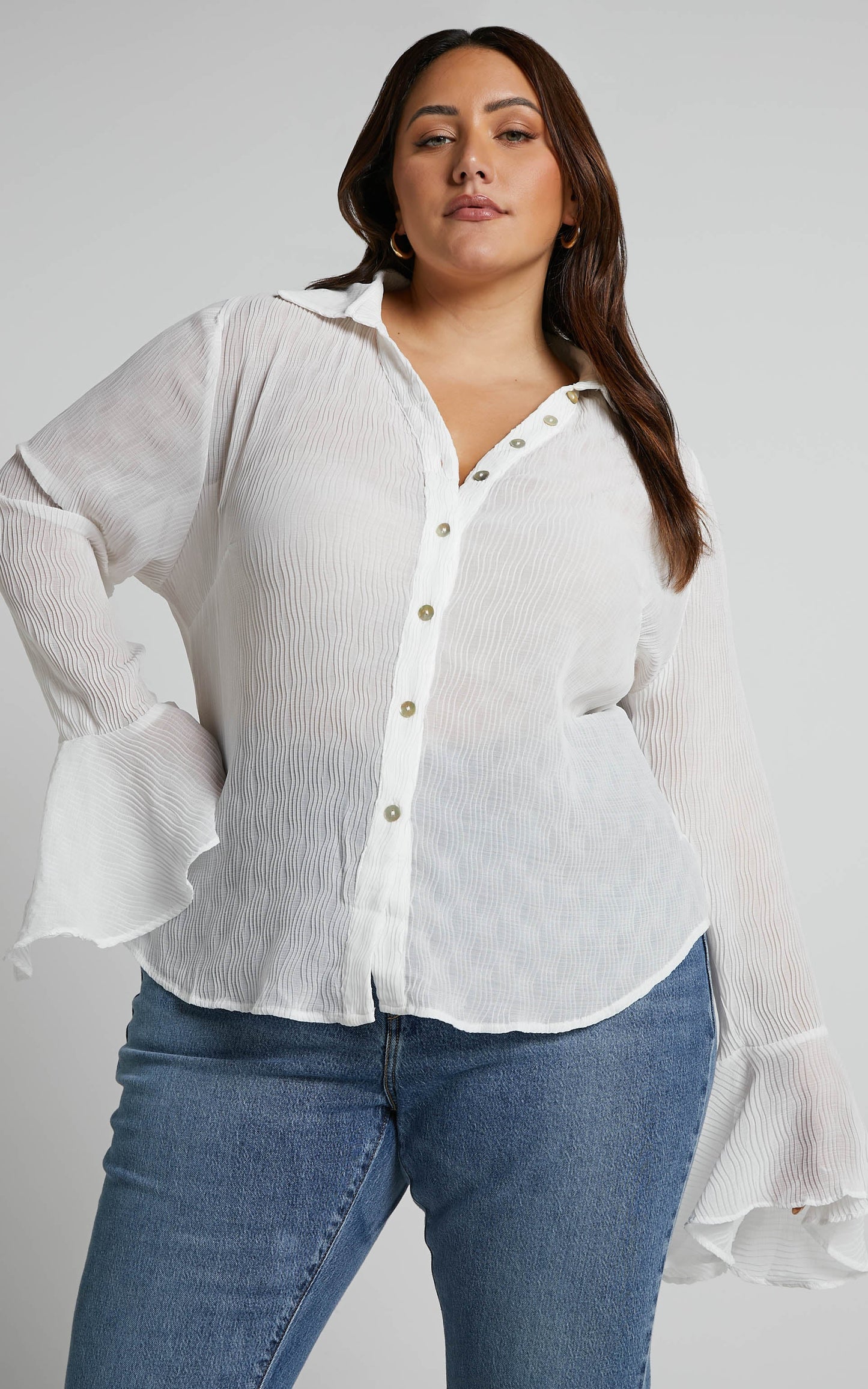 Zilvia Top - Button Through Textured Long Sleeve Top in White