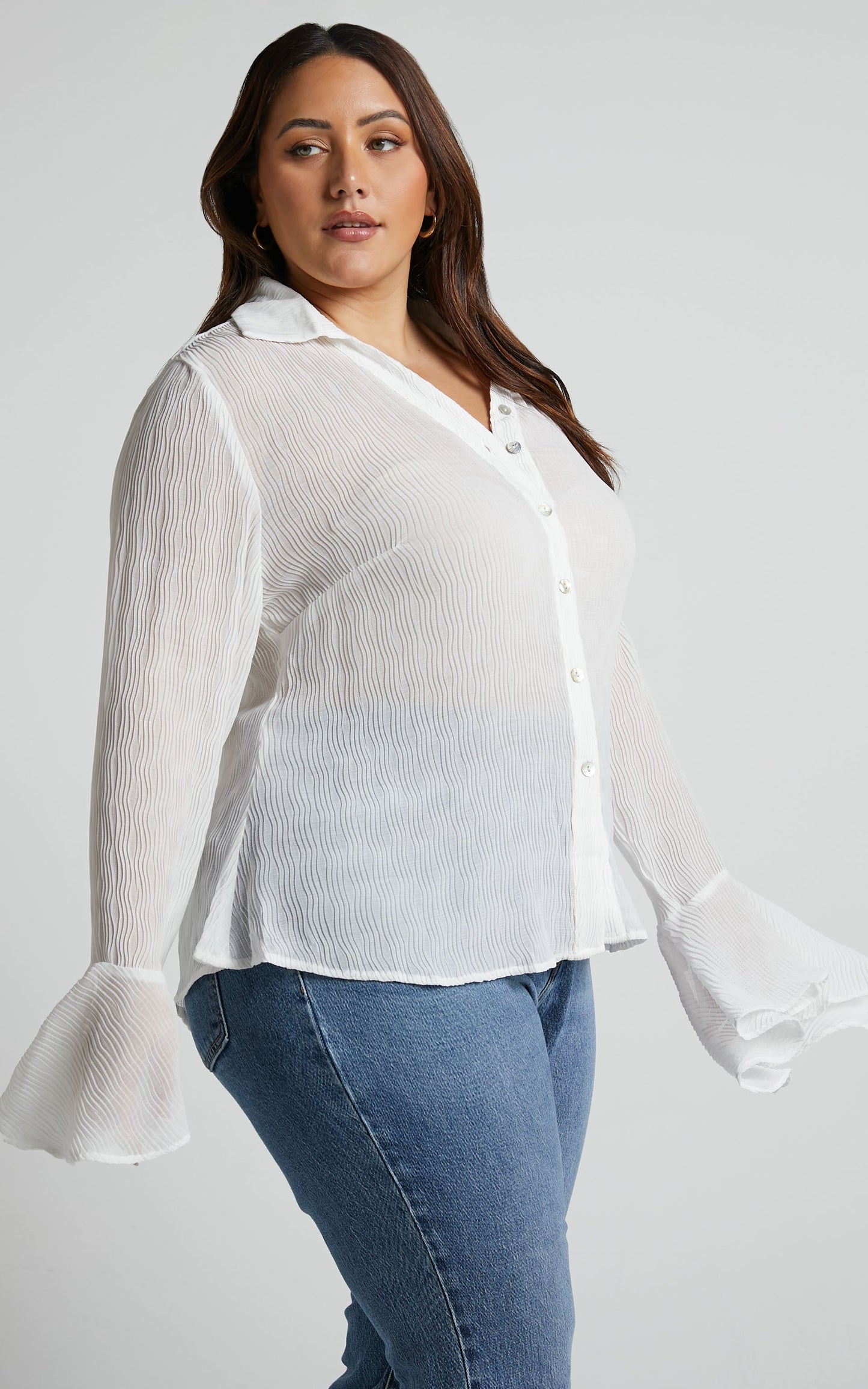 Zilvia Top - Button Through Textured Long Sleeve Top in White