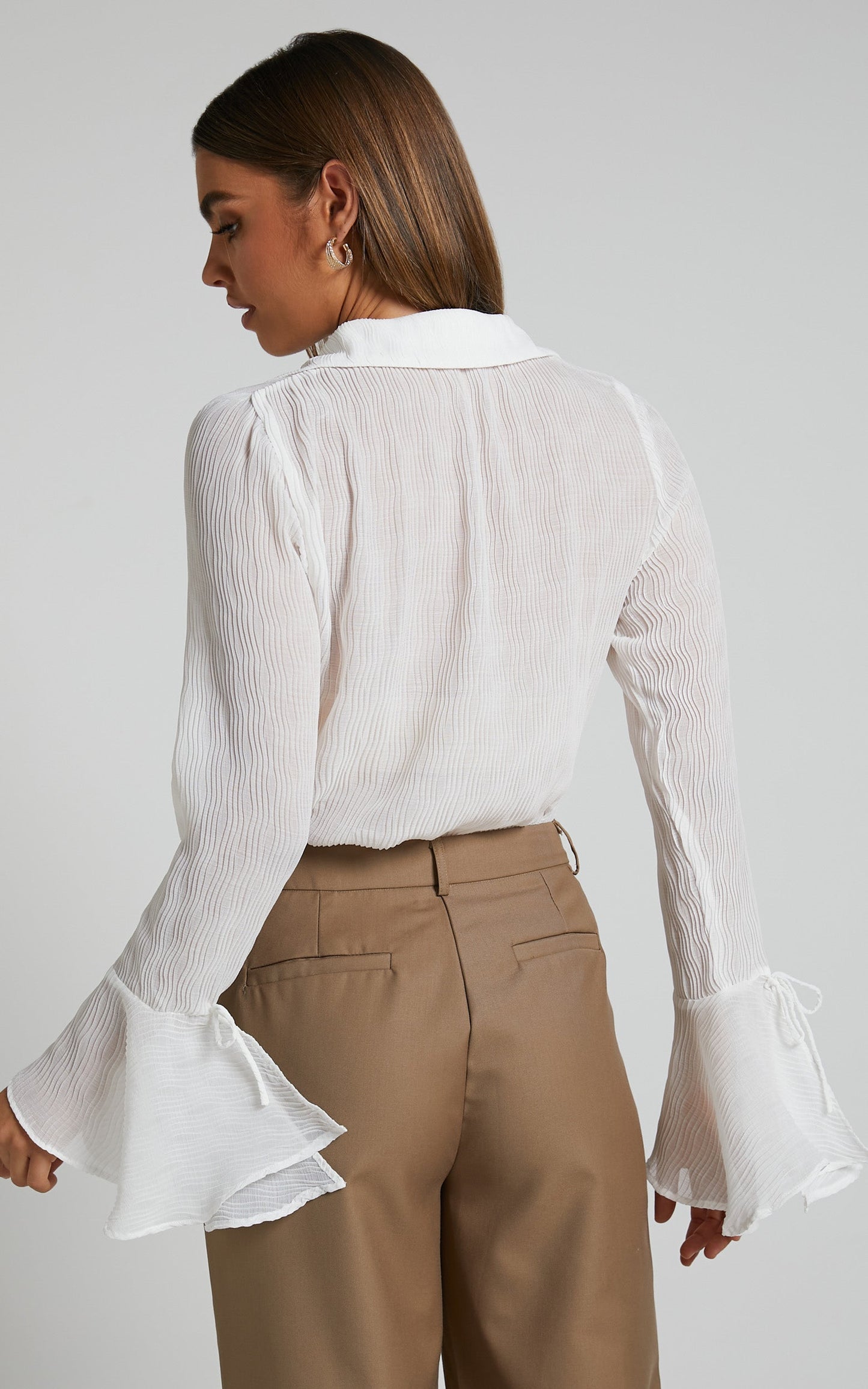 Zilvia Top - Button Through Textured Long Sleeve Top in White