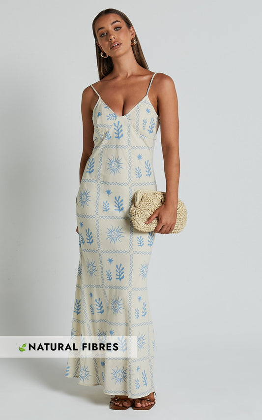 Zinnia Midi Linen Dress - Strappy Linen Slip Dress in Beige/Blue Border Print