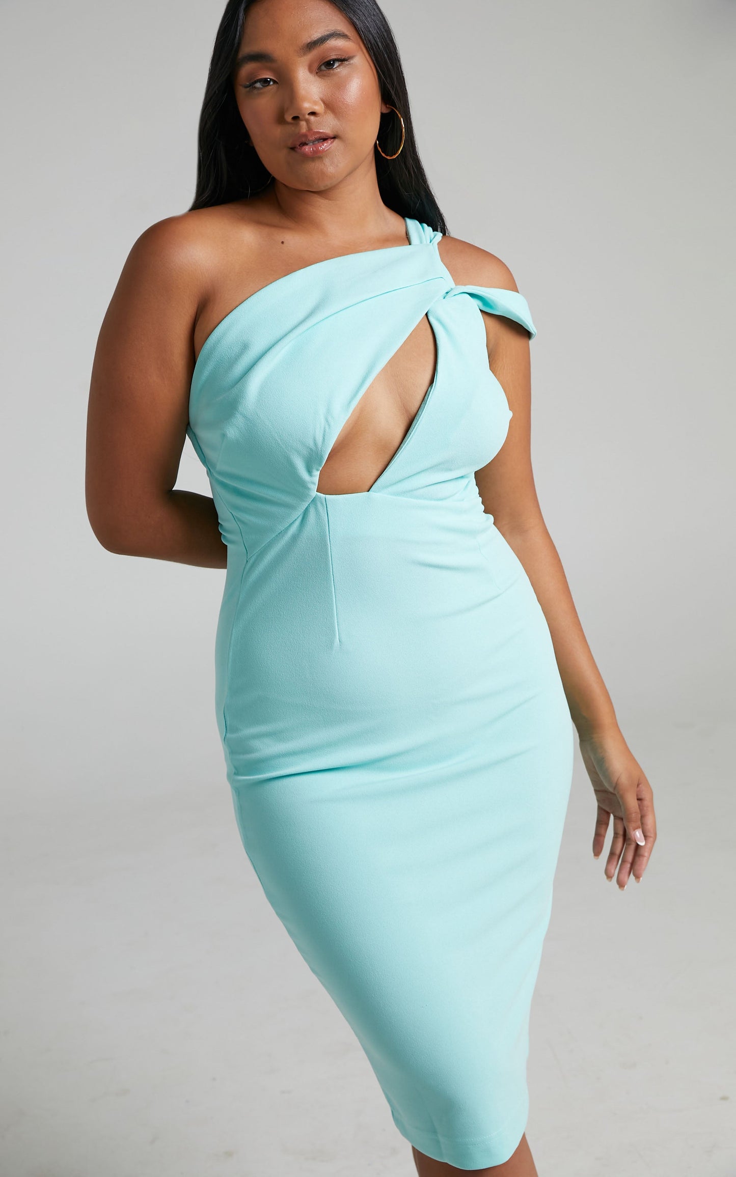 Zita Cut Out One Shoulder Bodycon Midi Dress in Light Blue