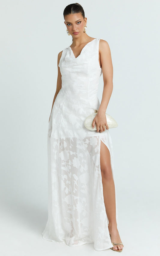 Ziva Maxi Dress - Jacquard Cowl Neck Dress in White