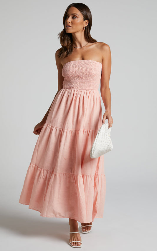Zoe Midi Dress - Strapless Shirred Bodice Tiered Dress in Peach
