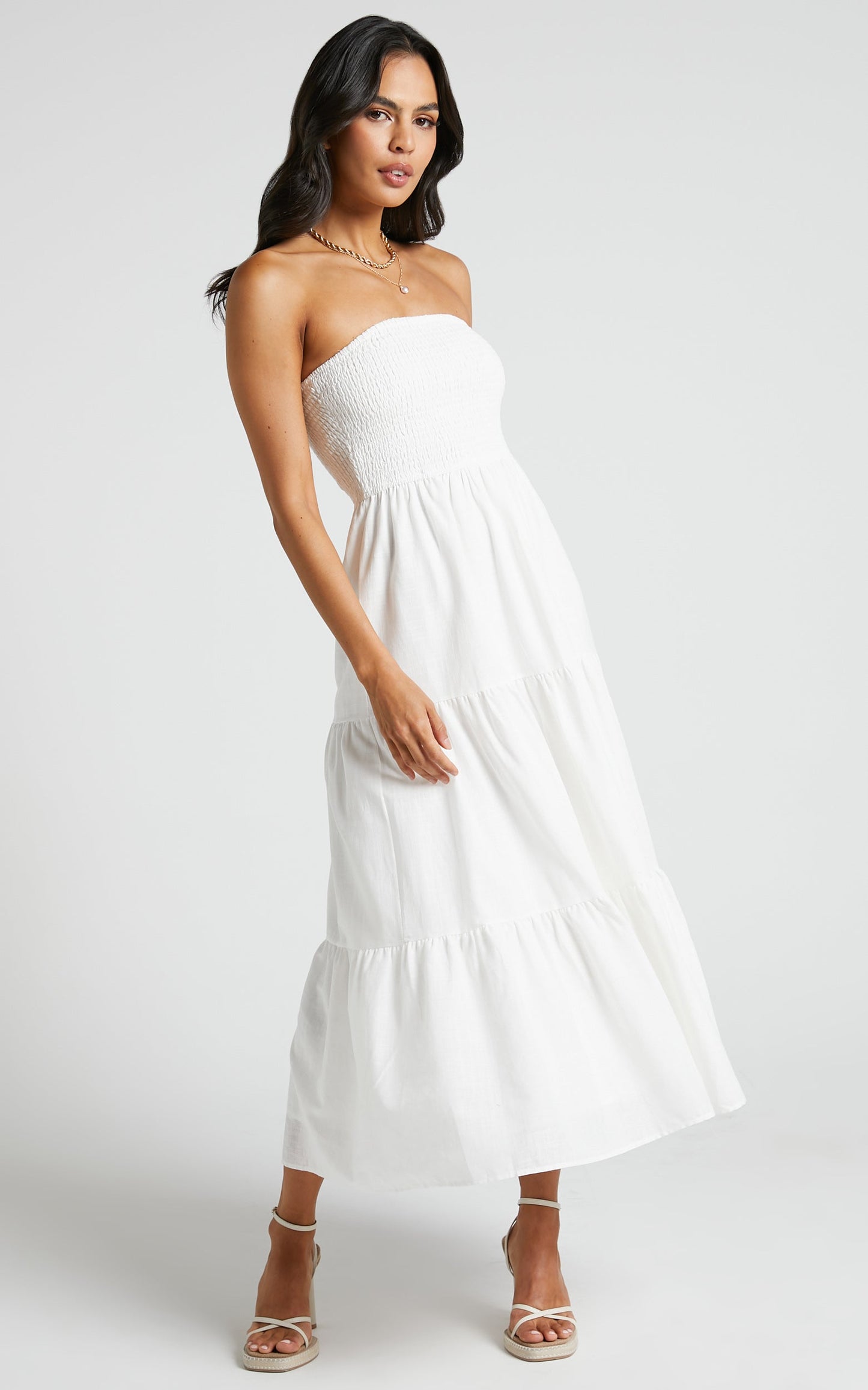 Zoe Midi Dress - Strapless Shirred Bodice Tiered Dress in White