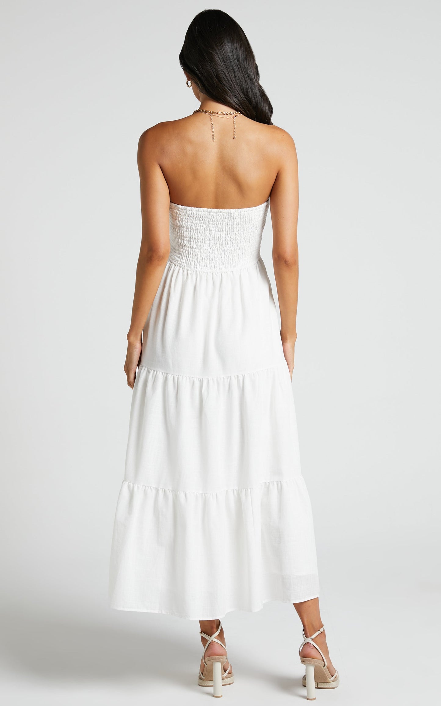 Zoe Midi Dress - Strapless Shirred Bodice Tiered Dress in White