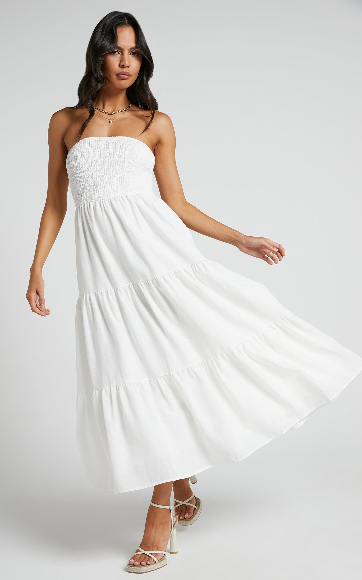 Zoe Midi Dress - Strapless Shirred Bodice Tiered Dress in White