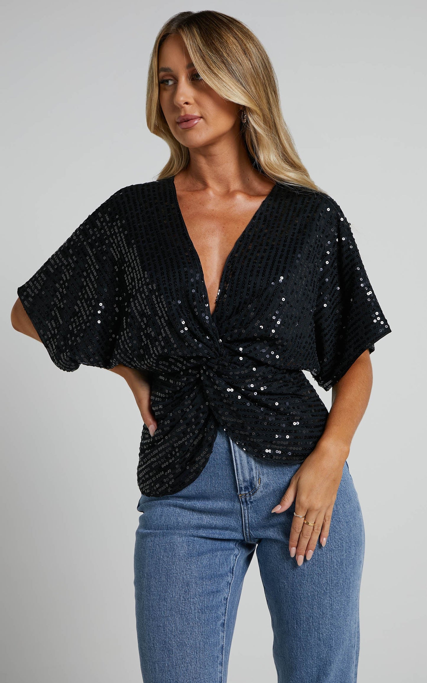 Zoey Batwing Top - Twist Sequin Batwing Top in Black