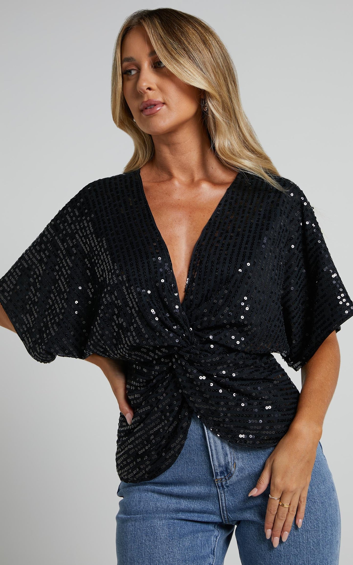 Zoey Batwing Top - Twist Sequin Batwing Top in Black