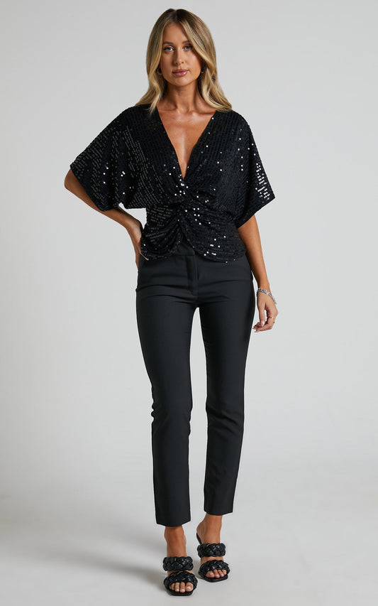 Zoey Batwing Top - Twist Sequin Batwing Top in Black