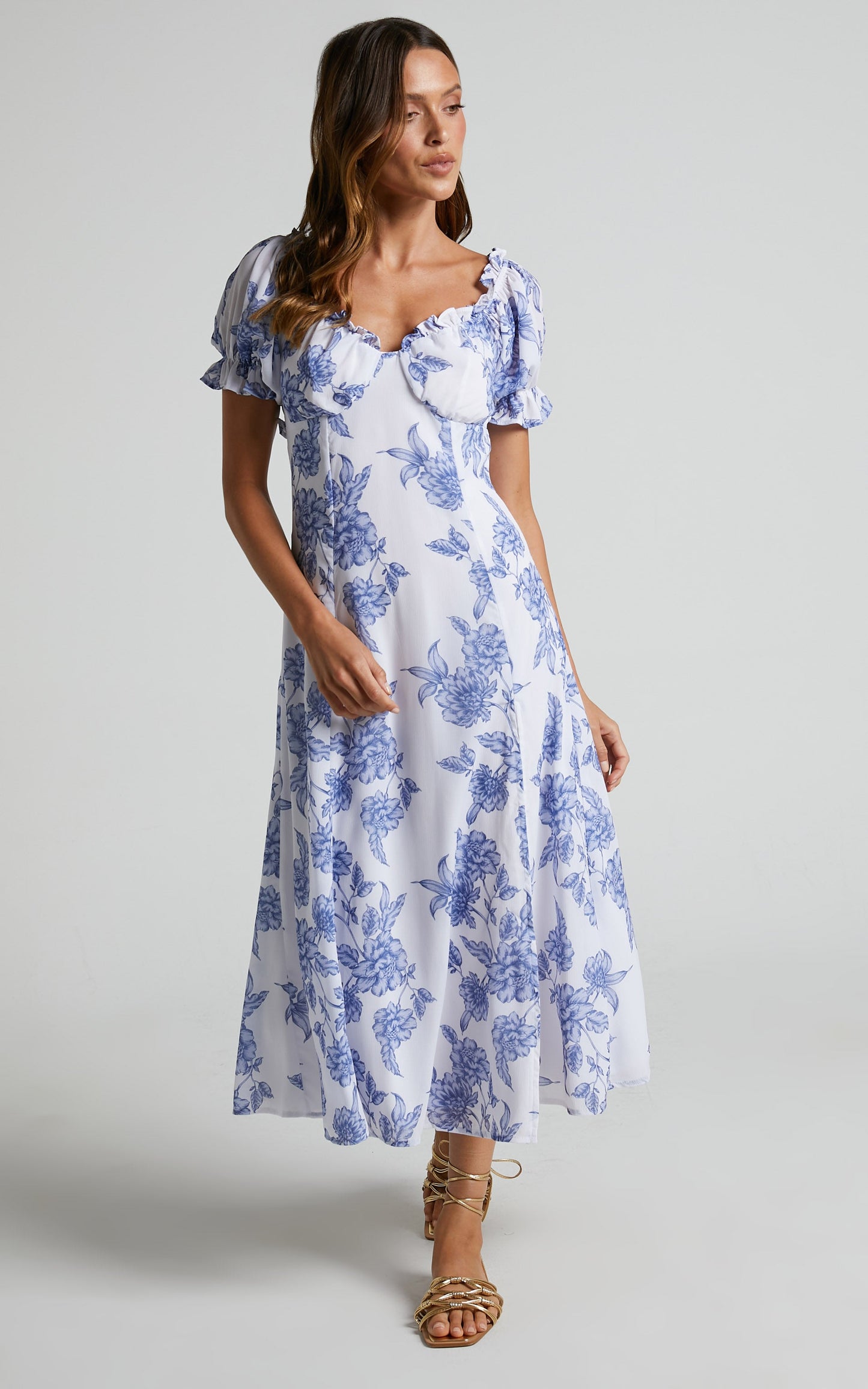 Zonya Midi Dress - Off Shoulder Thigh Split Dress in Blue Silhouette Floral