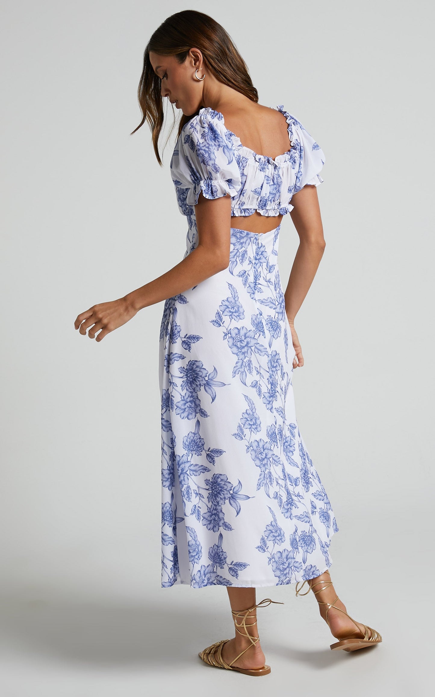 Zonya Midi Dress - Off Shoulder Thigh Split Dress in Blue Silhouette Floral