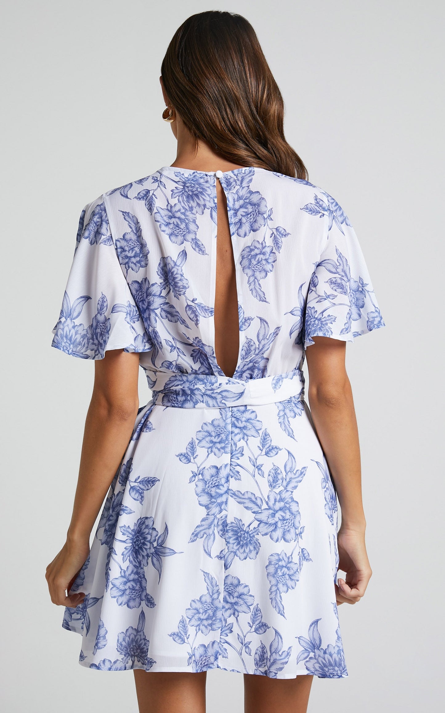 Zonya Mini Dress - V Neck Flutter Sleeve Dress in Blue Silhouette Floral