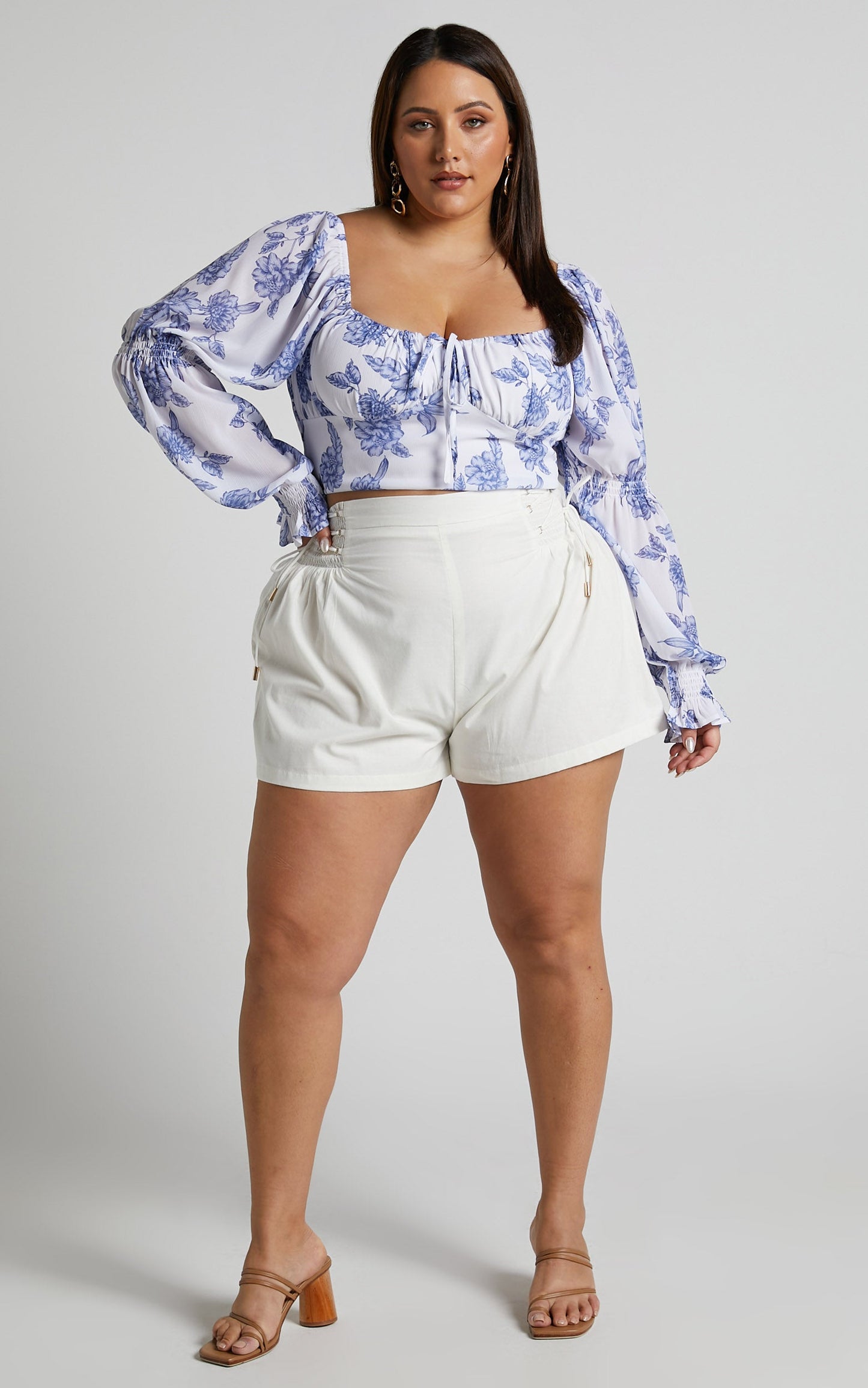 Zonya Top - Tie Front Long Sleeve Blouse in Blue Silhouette Floral