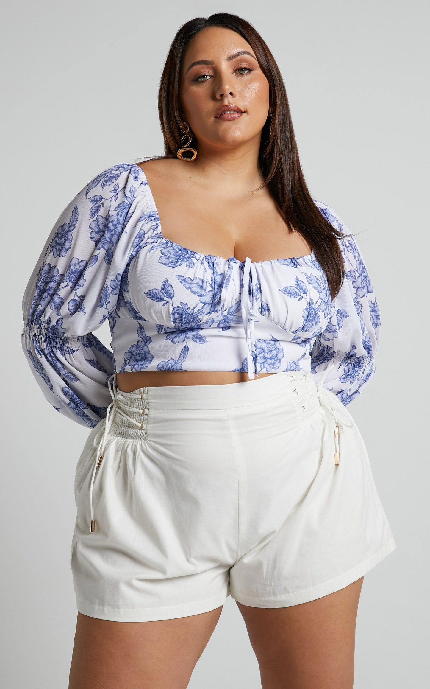 Zonya Top - Tie Front Long Sleeve Blouse in Blue Silhouette Floral