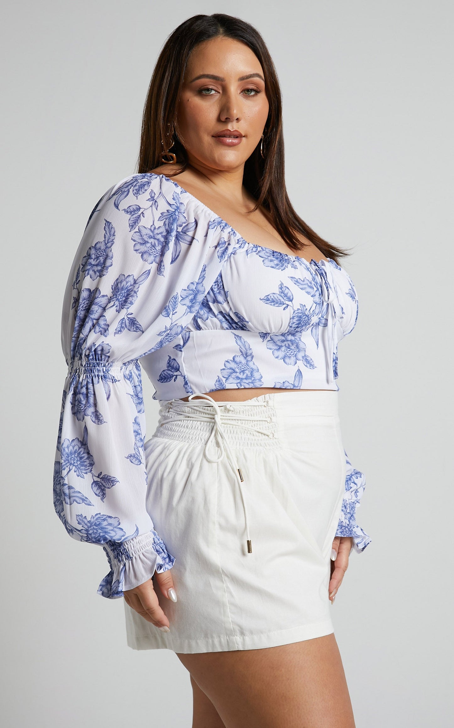 Zonya Top - Tie Front Long Sleeve Blouse in Blue Silhouette Floral