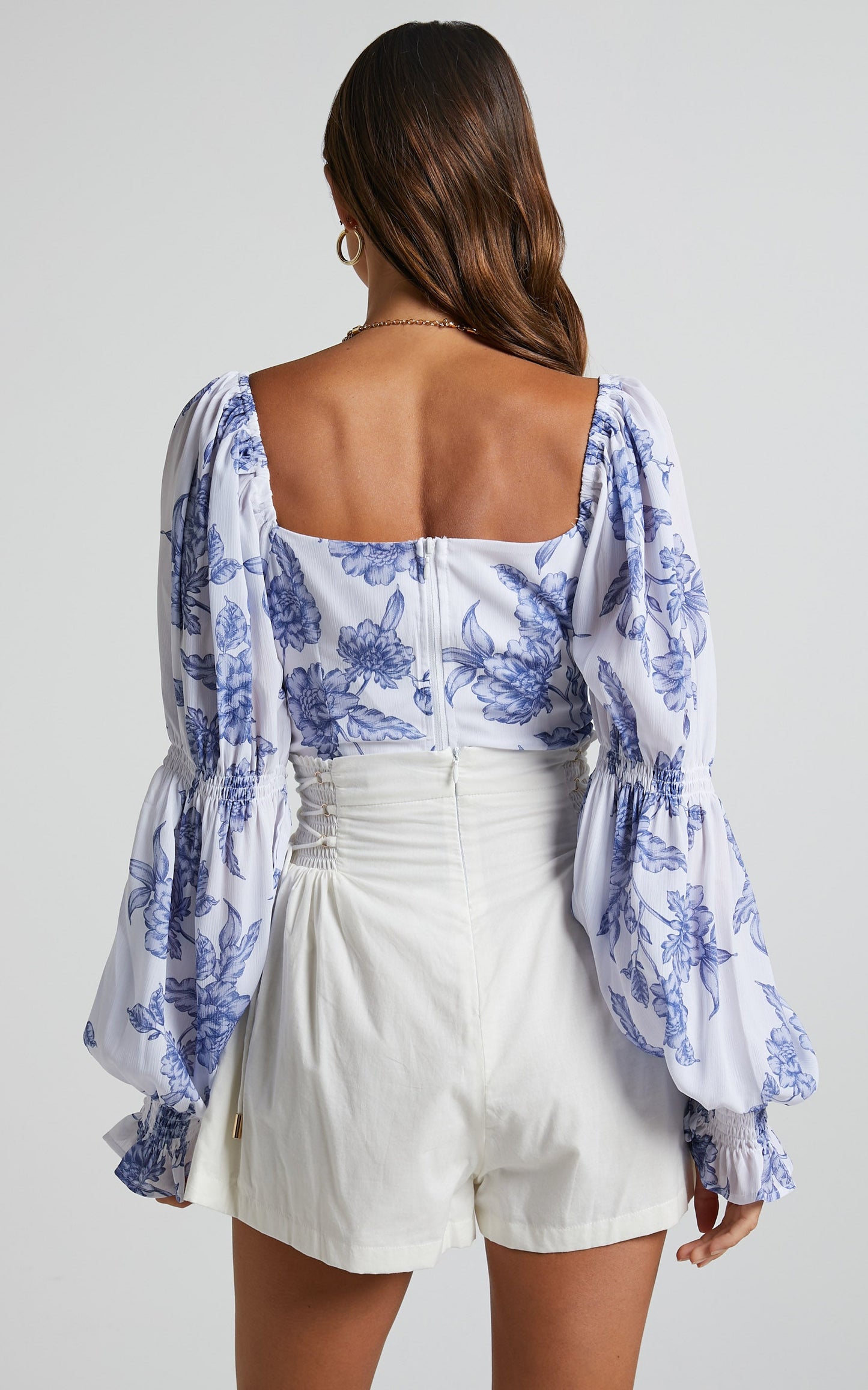 Zonya Top - Tie Front Long Sleeve Blouse in Blue Silhouette Floral