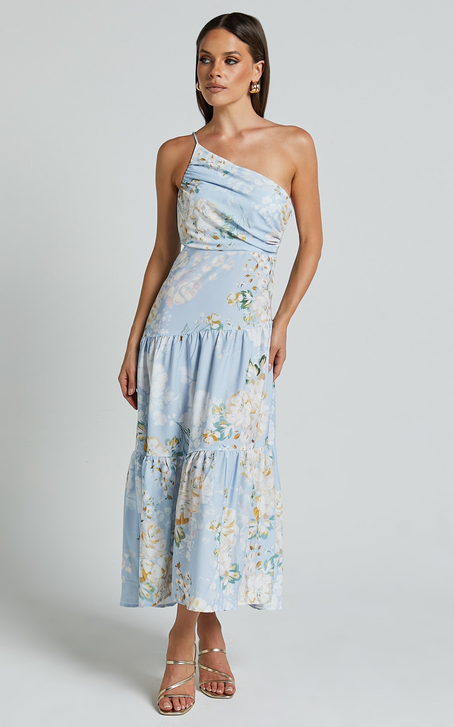 Zophia Midi Dress - One Shoulder Tiered Dress in Aqua Botanical Print