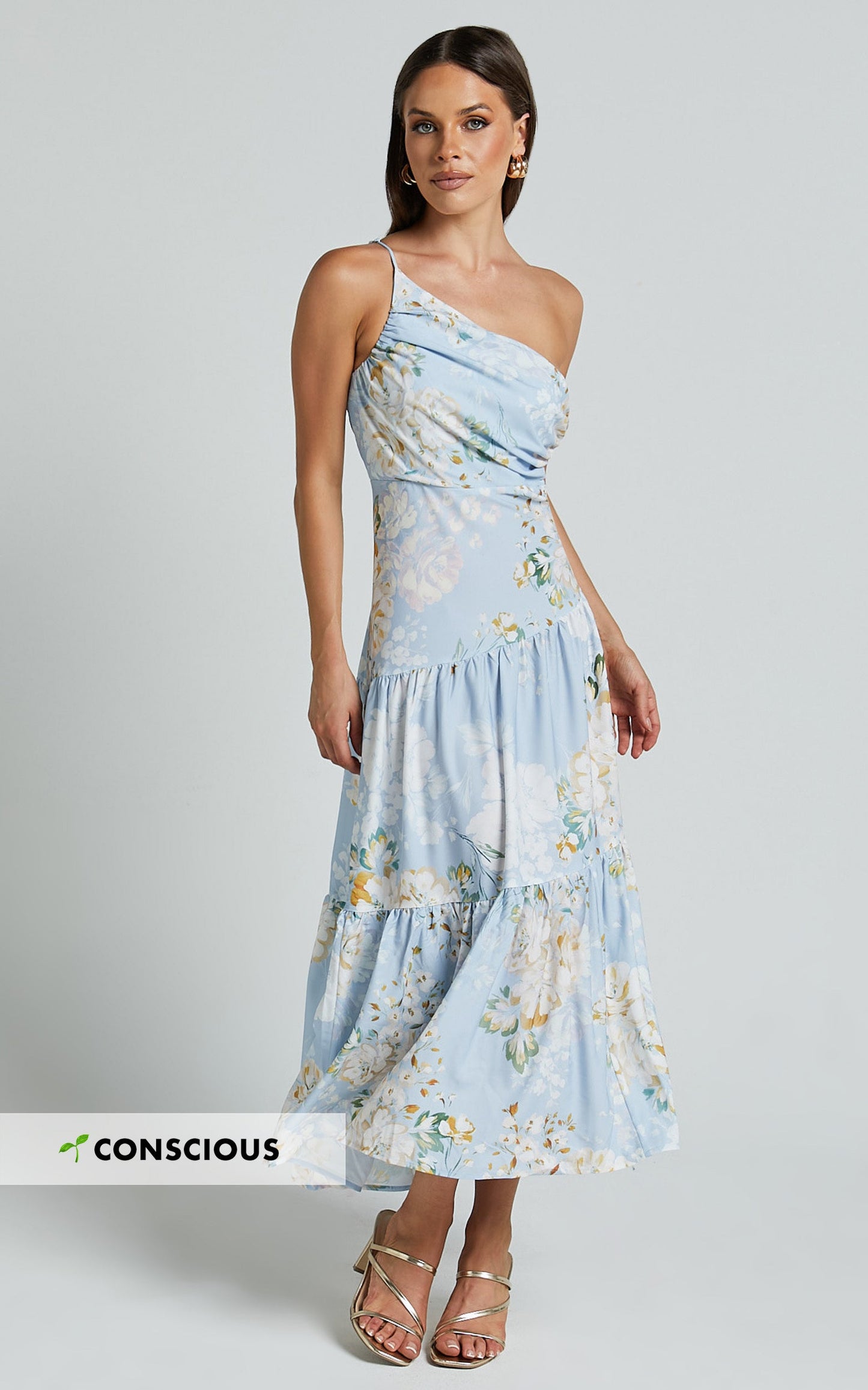 Zophia Midi Dress - One Shoulder Tiered Dress in Aqua Botanical Print