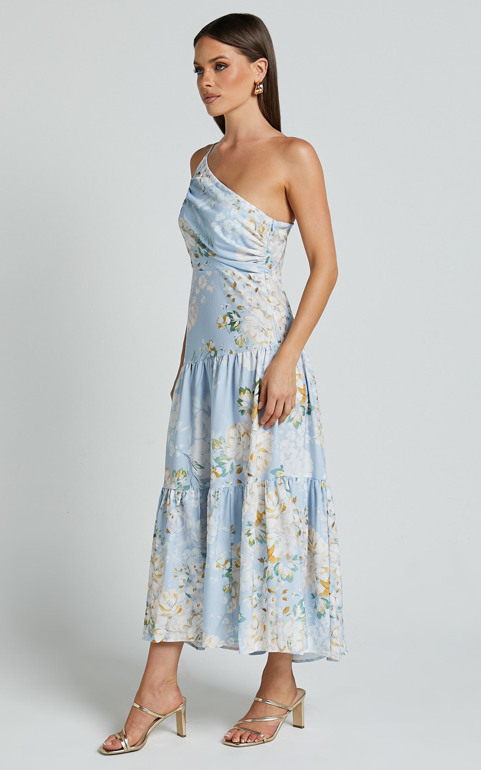 Zophia Midi Dress - One Shoulder Tiered Dress in Aqua Botanical Print