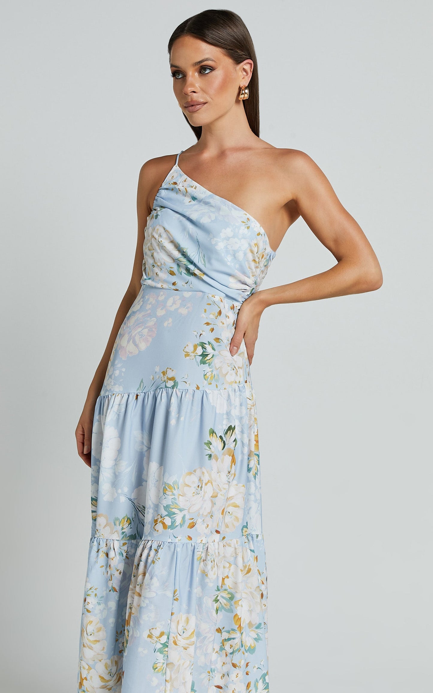 Zophia Midi Dress - One Shoulder Tiered Dress in Aqua Botanical Print