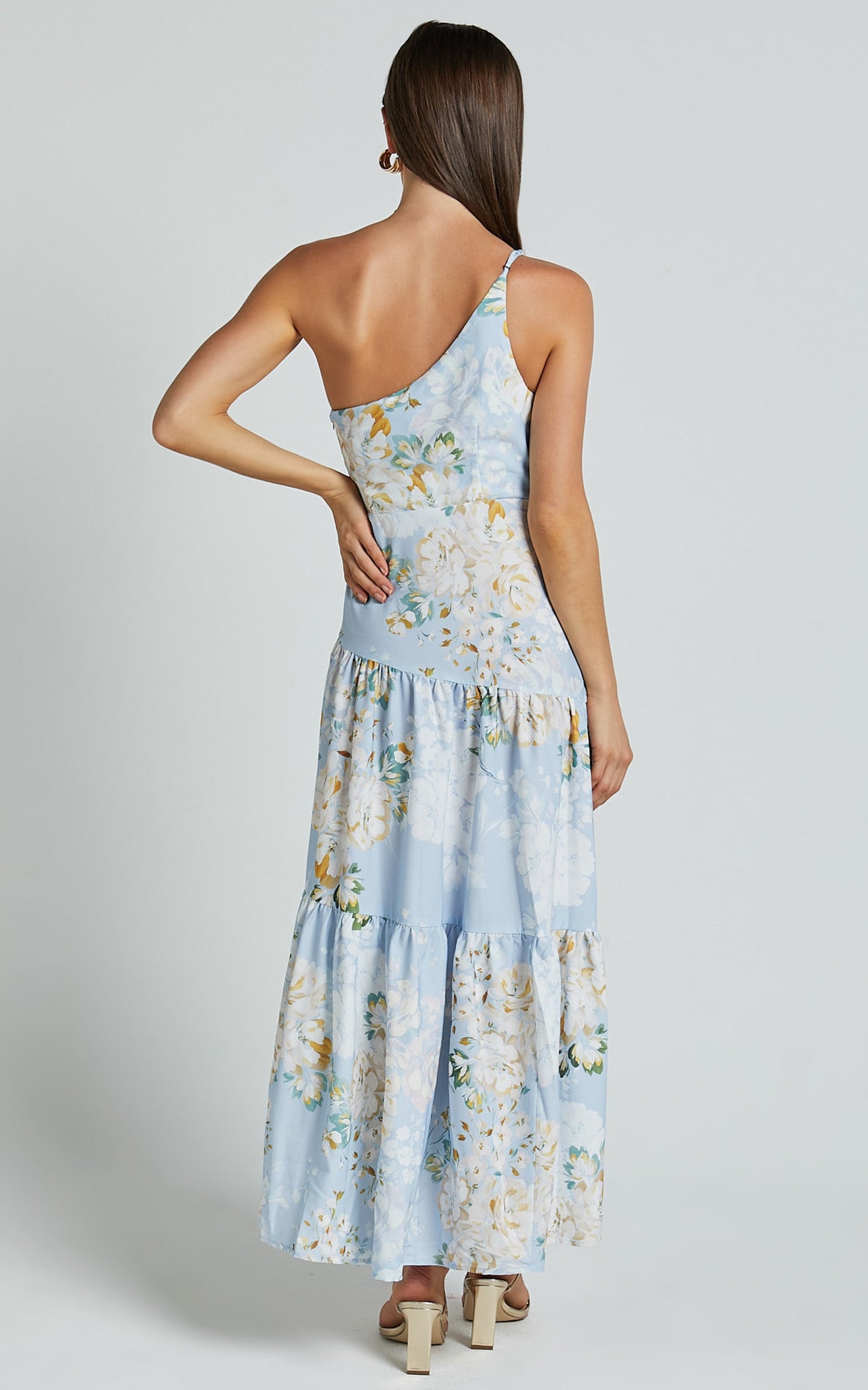 Zophia Midi Dress - One Shoulder Tiered Dress in Aqua Botanical Print