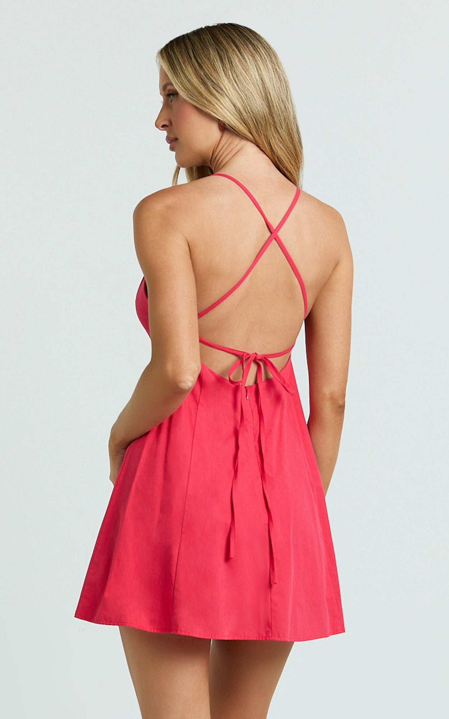 Zora Mini Dress - V Neck Bow Front Baby Doll Mini Dress in Red