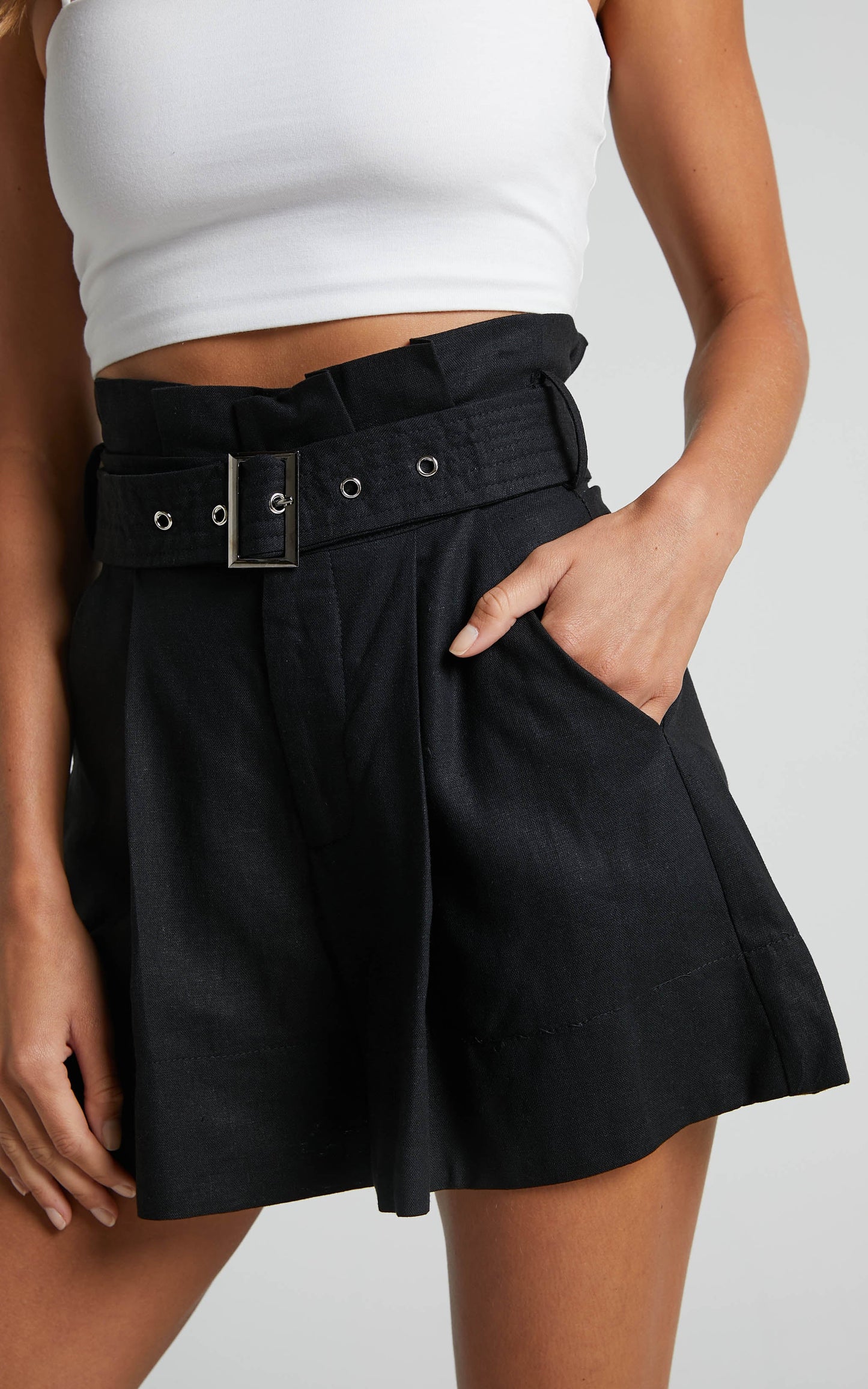Zora Shorts - Linen High Waisted Paper Bag Shorts in Black