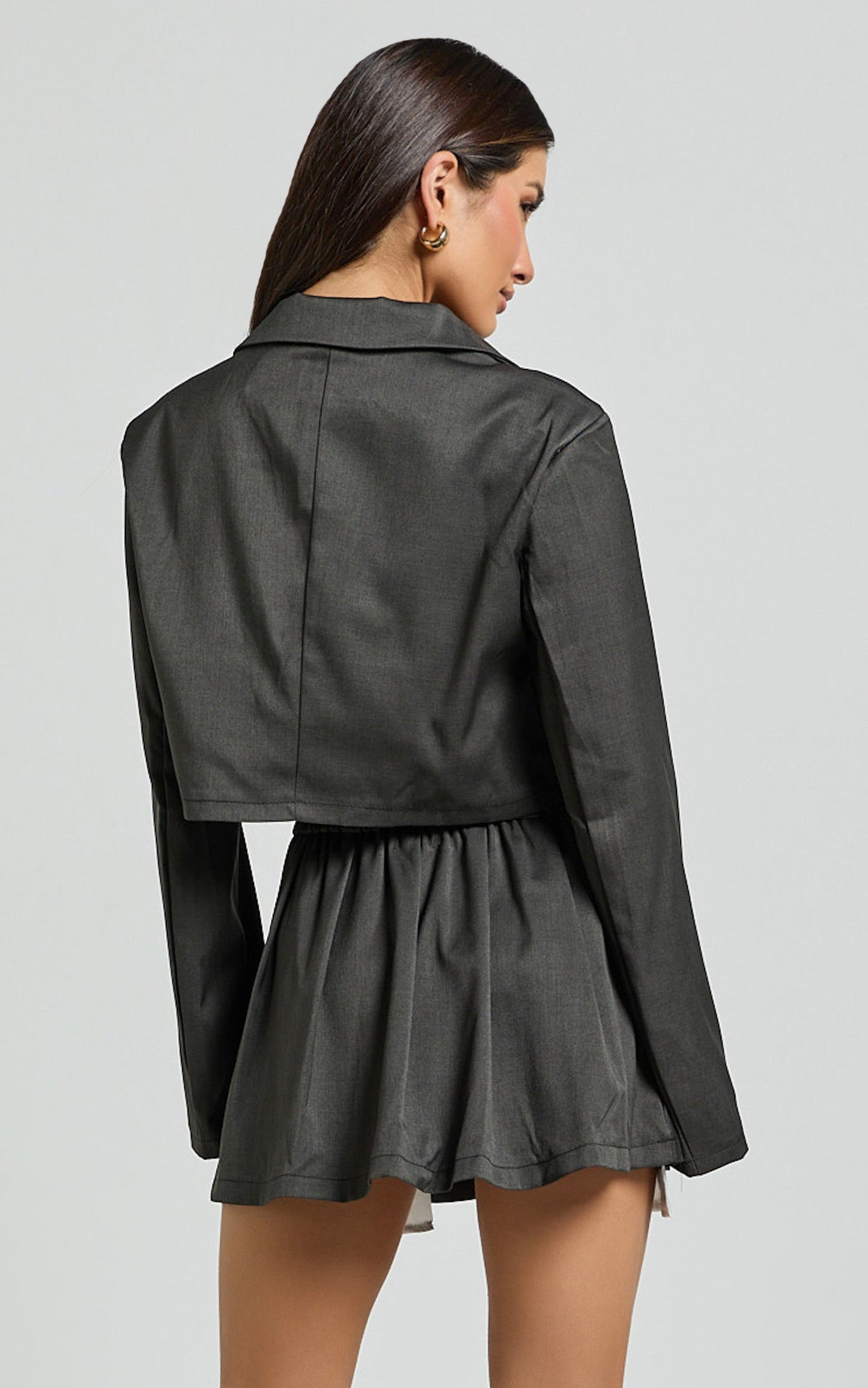 Zora Two Piece Set - Cropped Blazer and Pleated Mini Skirt Set in Charcoal
