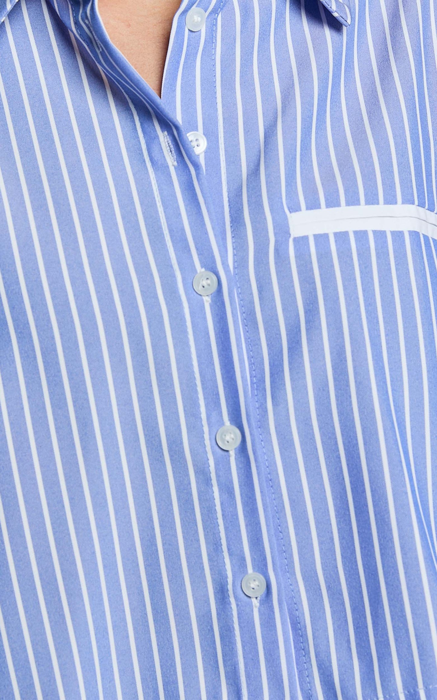 Zoya Shirt - Cropped Long Sleeve Button Up Shirt in Navy/White Stripe