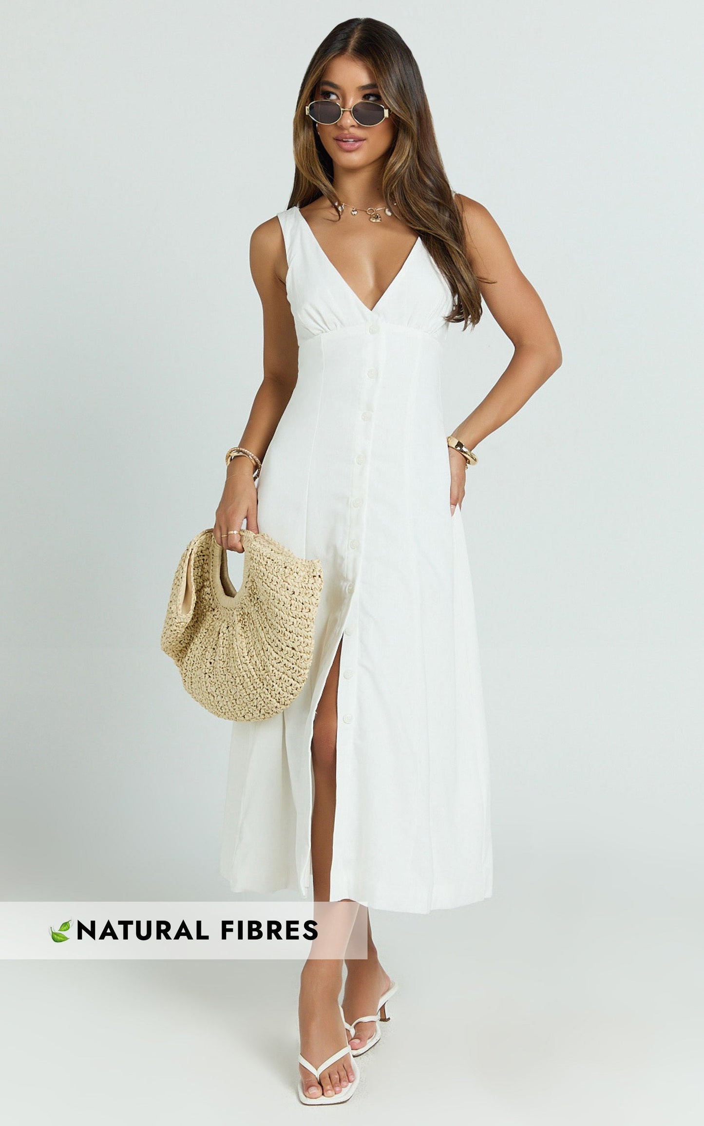 Zula Midi Dress - V Neck Sleeveless Under Bust Seam Circular Skirt Dress in White