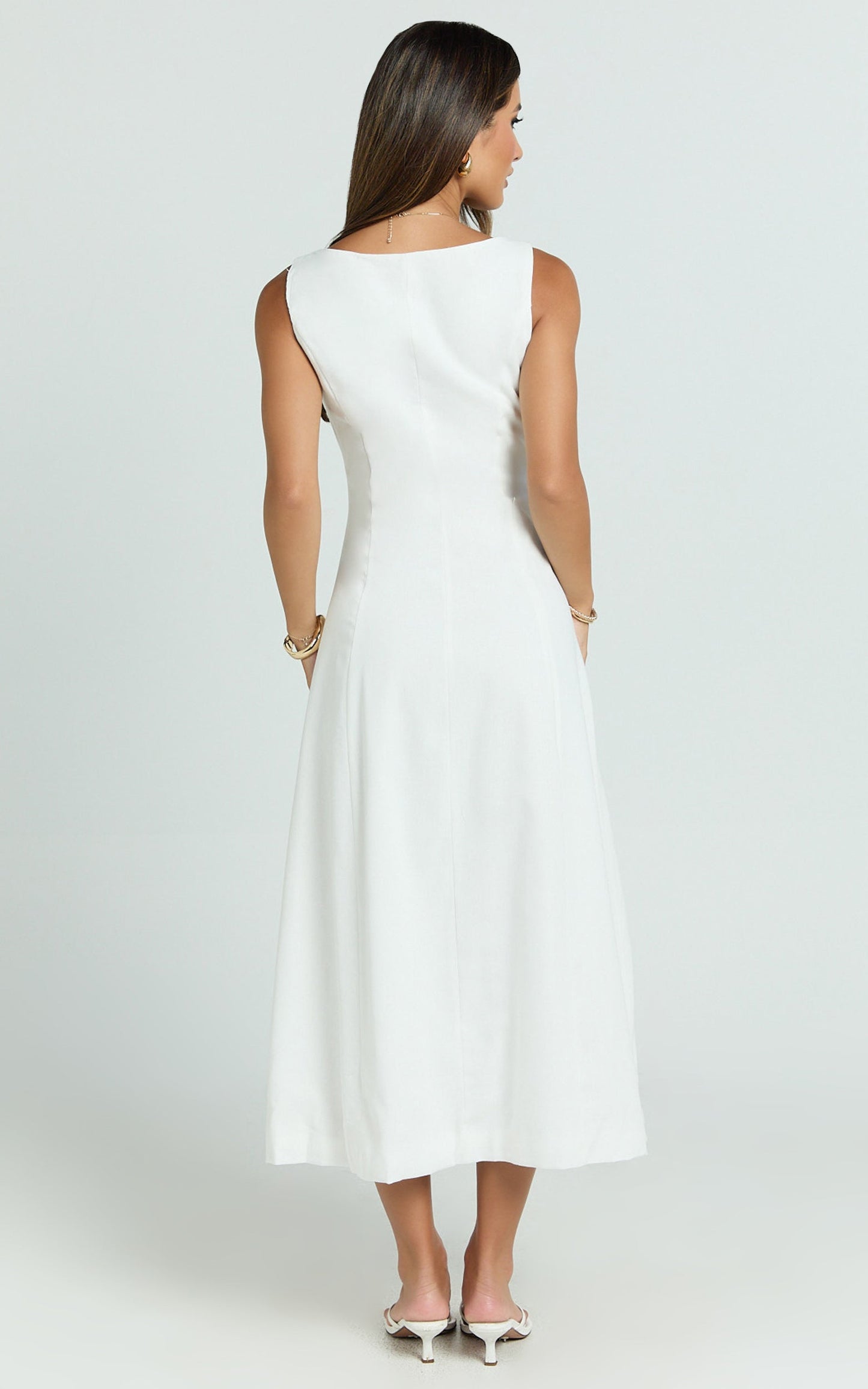 Zula Midi Dress - V Neck Sleeveless Under Bust Seam Circular Skirt Dress in White