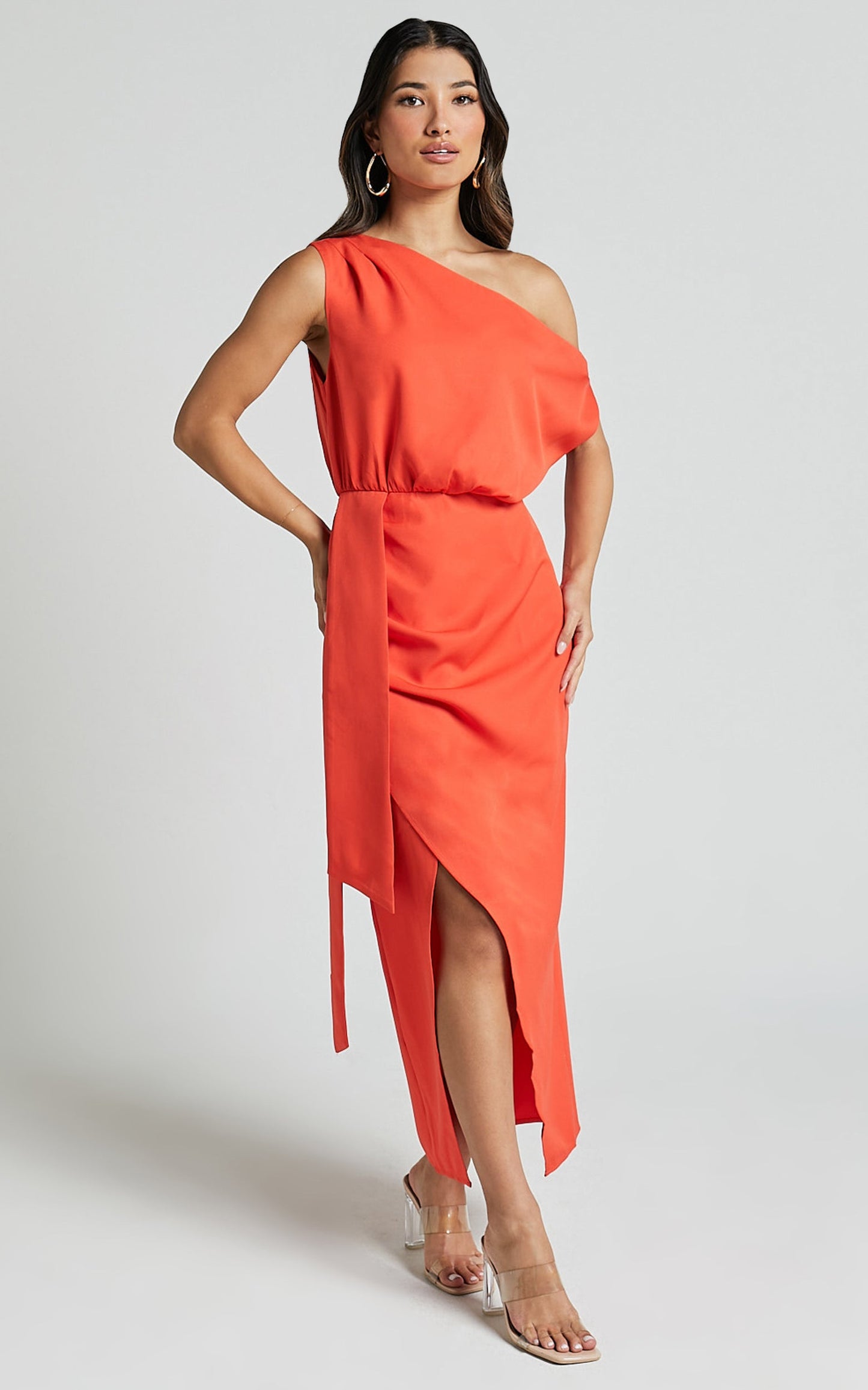 Zuri Midi Dress - One Shoulder Wrap Dress in Orange