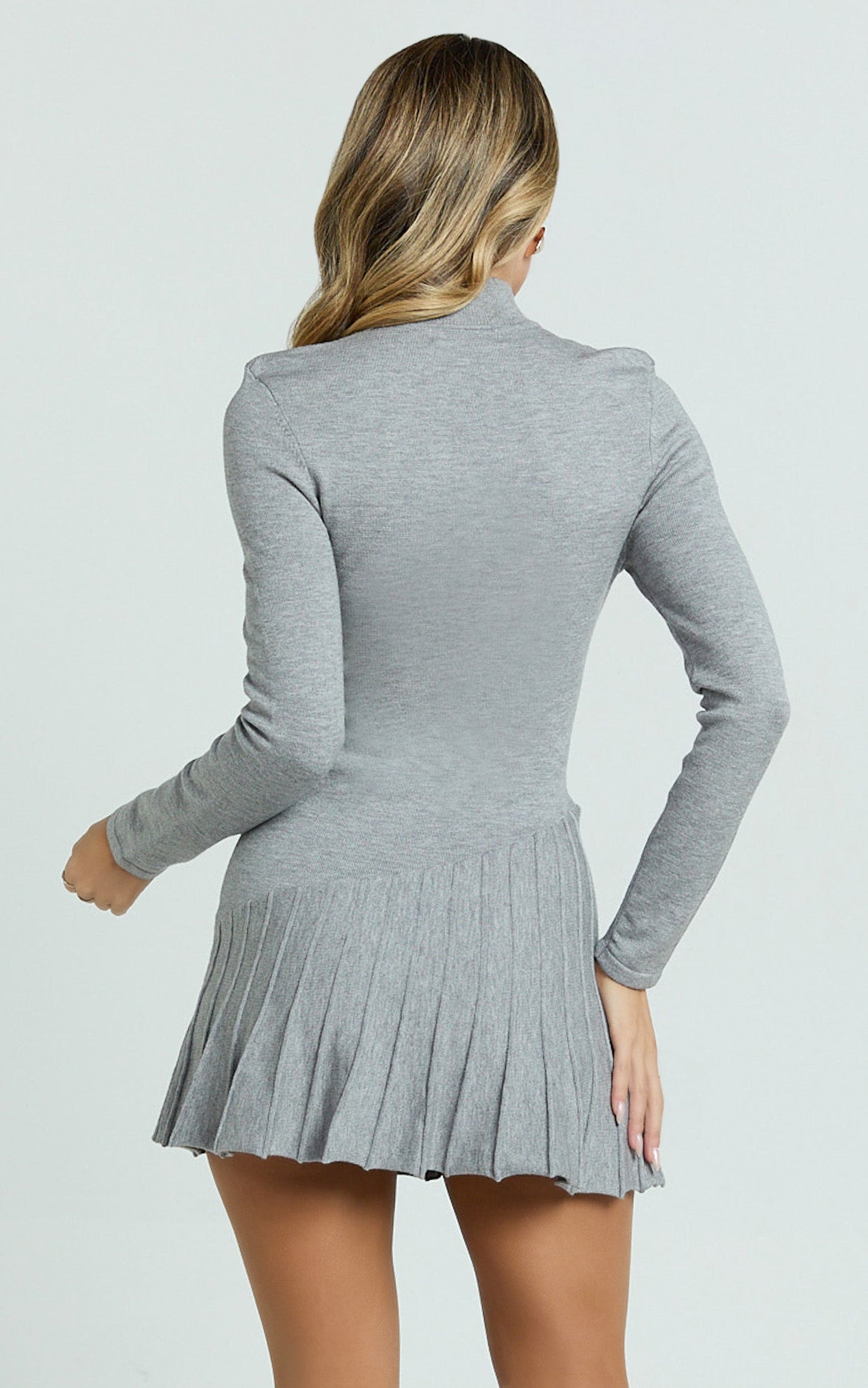 Zuri Mini Dress - High Neck Long Sleeve Drop Waist Pleat Skirt Knit Dress in Grey