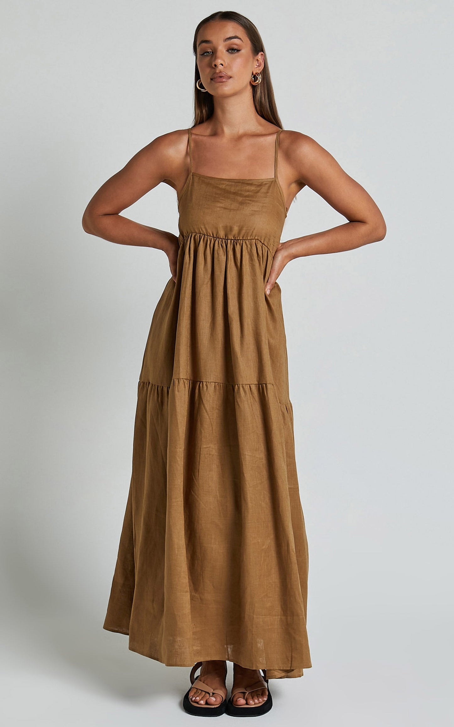 Zuriel Midi Linen Dress - Strappy Linen Tiered Dress in Warm Khaki