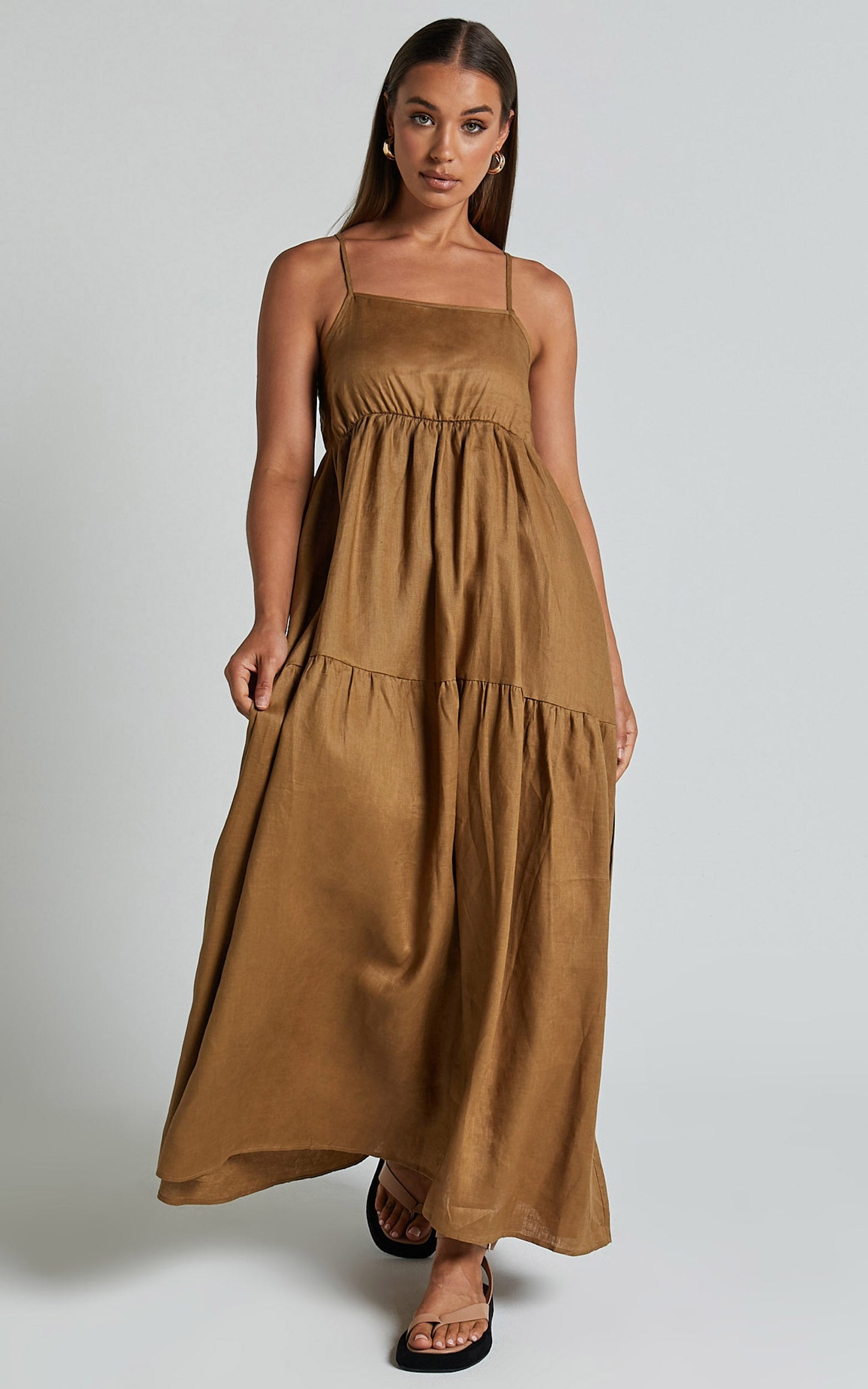 Zuriel Midi Linen Dress - Strappy Linen Tiered Dress in Warm Khaki