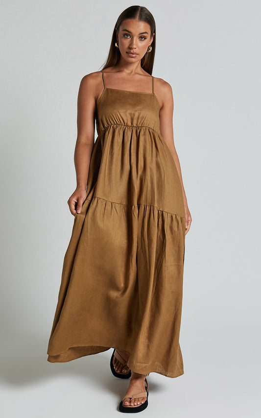 Zuriel Midi Linen Dress - Strappy Linen Tiered Dress in Warm Khaki