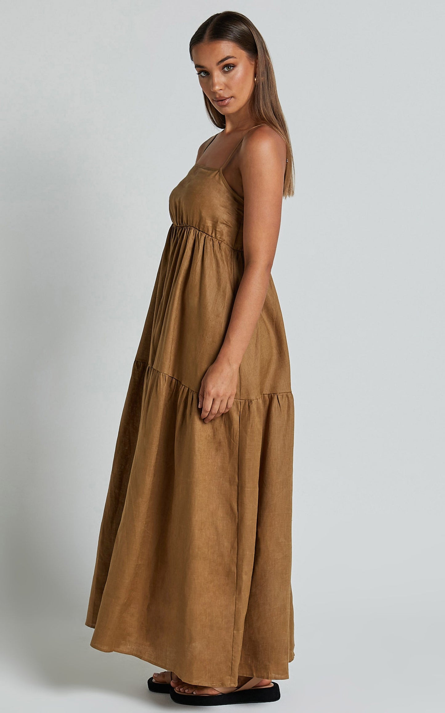 Zuriel Midi Linen Dress - Strappy Linen Tiered Dress in Warm Khaki