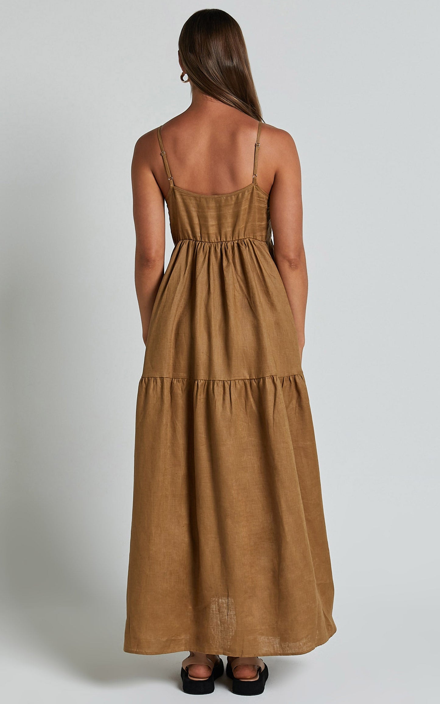 Zuriel Midi Linen Dress - Strappy Linen Tiered Dress in Warm Khaki