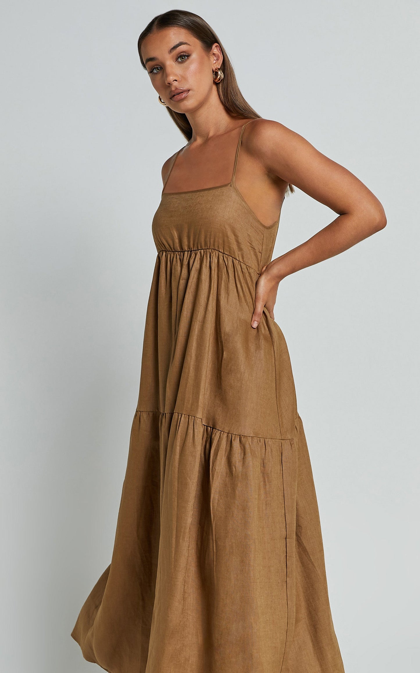 Zuriel Midi Linen Dress - Strappy Linen Tiered Dress in Warm Khaki