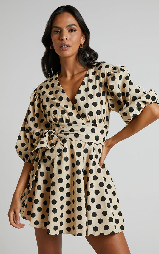 Zyann Mini Dress - Linen Puff Sleeve Wrap Dress in Biscuit Spot