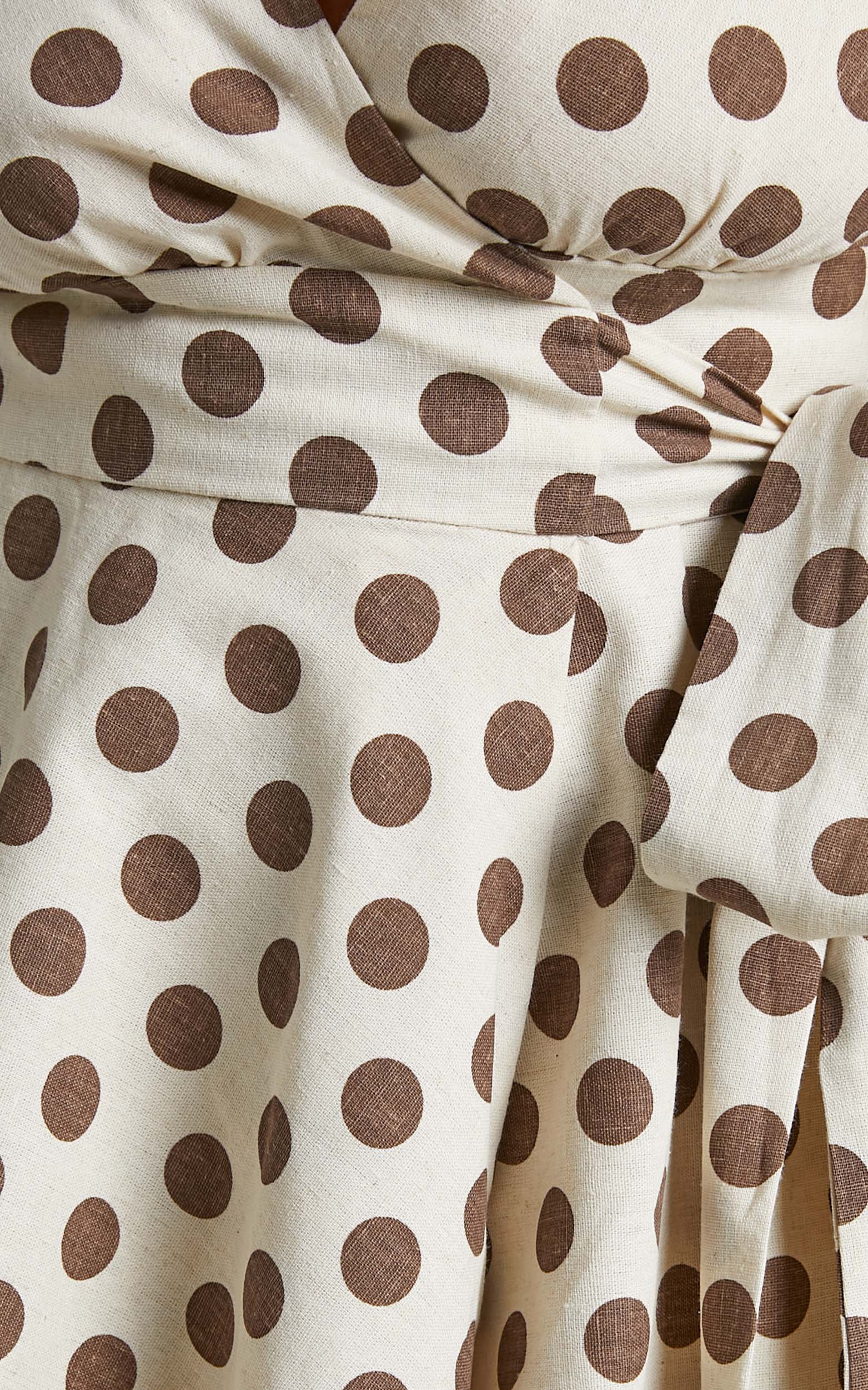 Zyann Mini Dress - Linen Puff Sleeve Wrap Dress in Mocha Spot