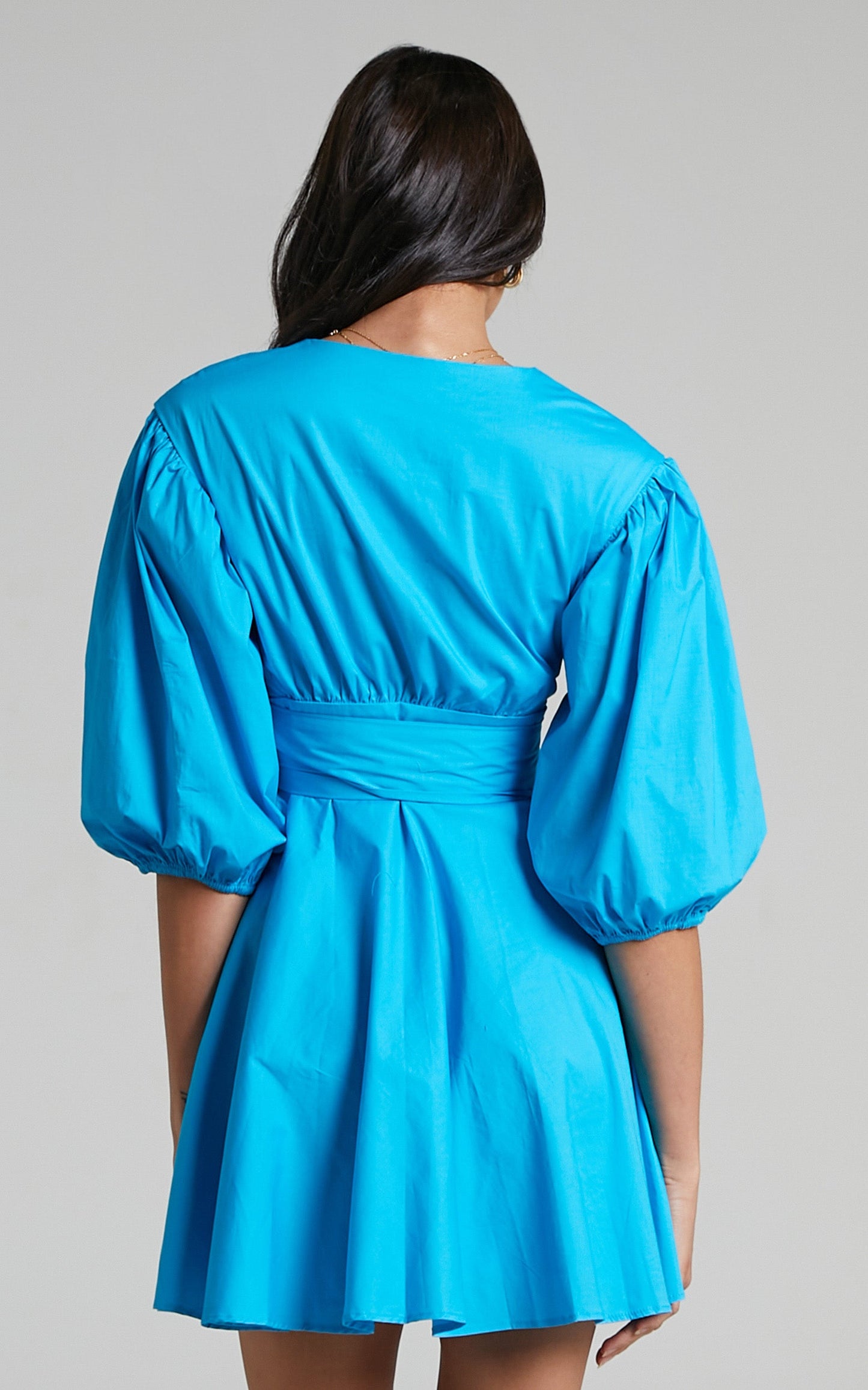 Zyla Mini Dress - Puff Sleeve Wrap Dress in Blue