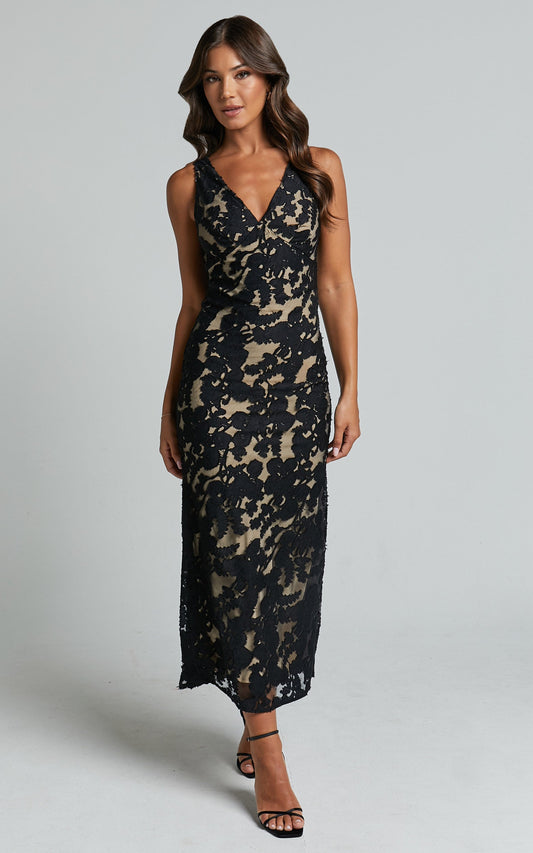 Zymae Midi Dress - Deep V Neck Lace Slip Dress in Black